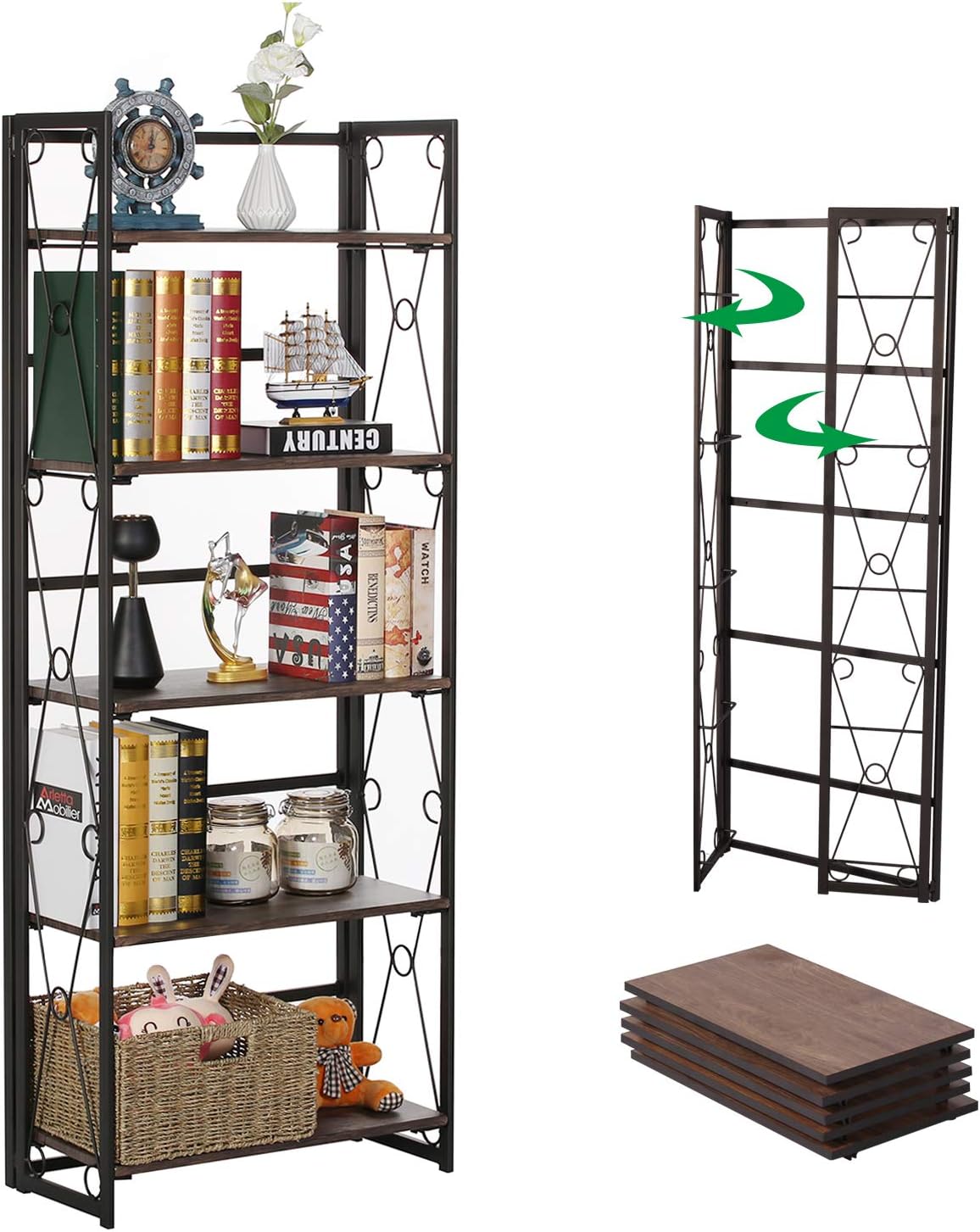 5 Shelf Folding Metal Bookshelf, Set of 2, Dark Brown I2712