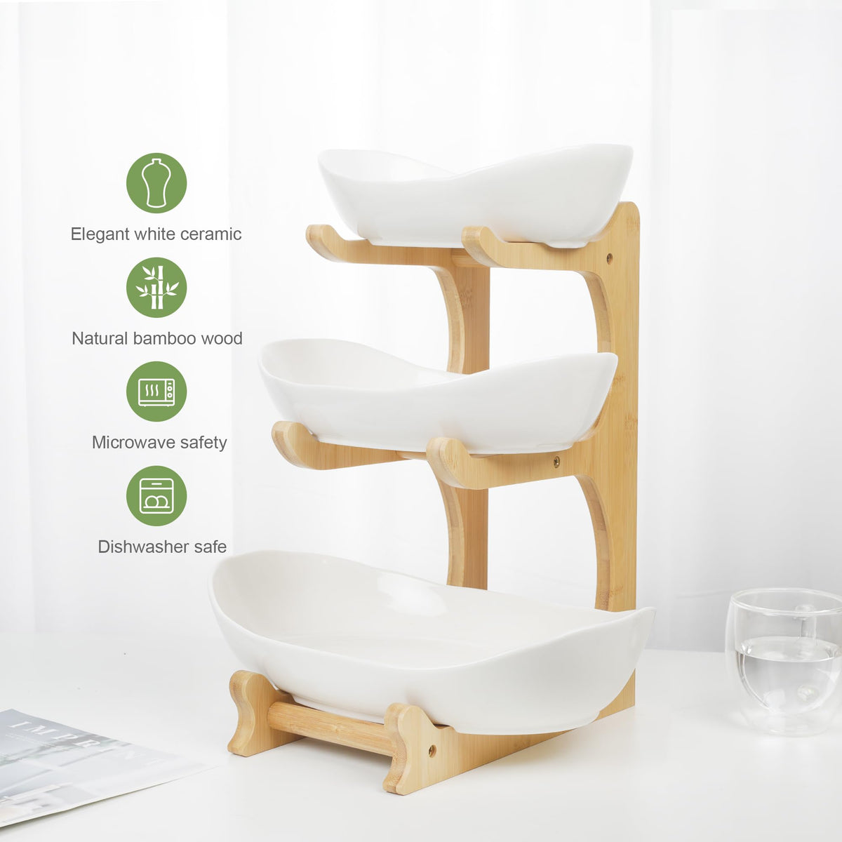 3 Tier Ceramic Fruit Bowl with Bamboo Stand N2394