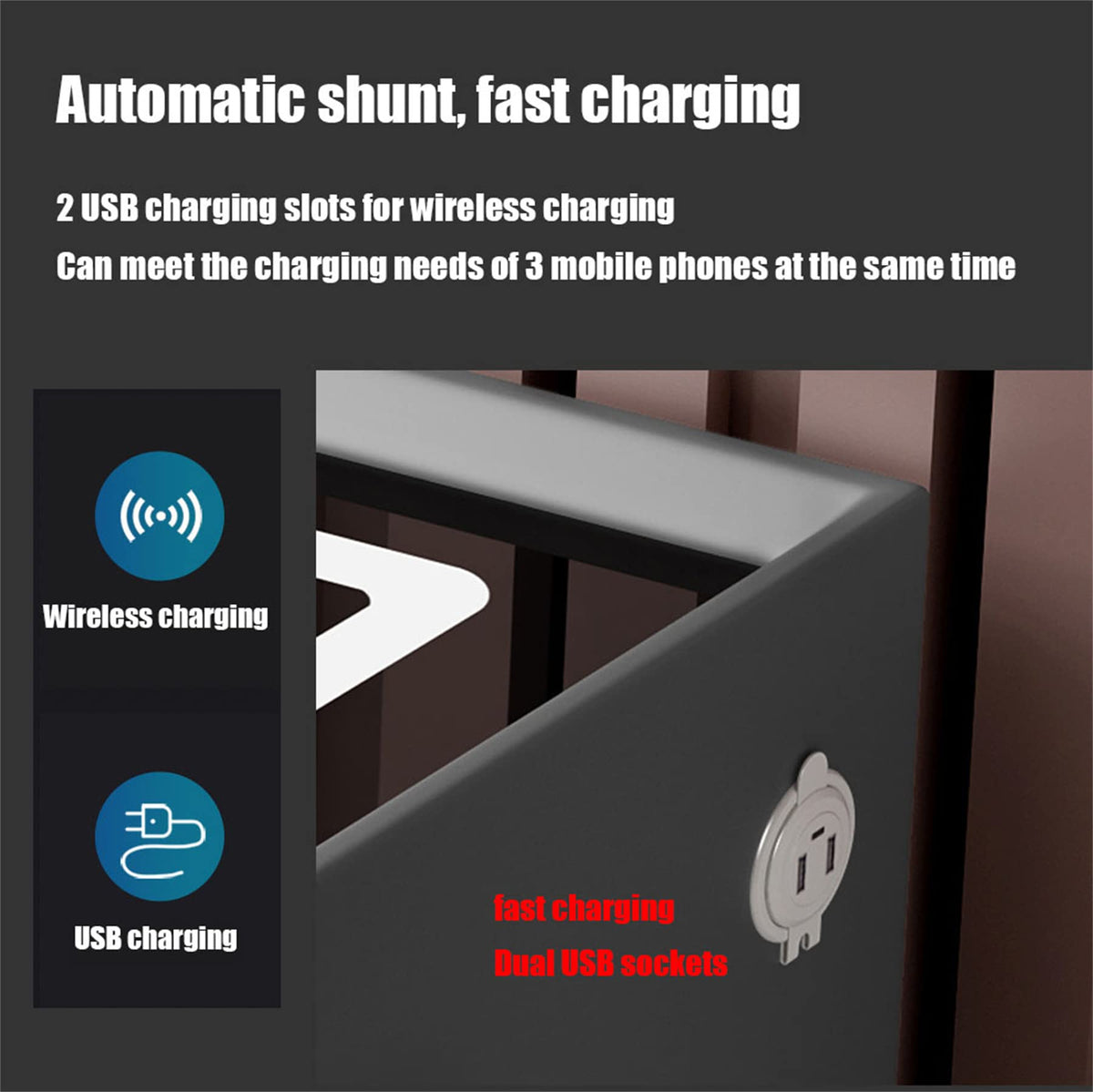 Black 3 Drawer Smart Bedside Table with LED Light and Wireless Charging V747