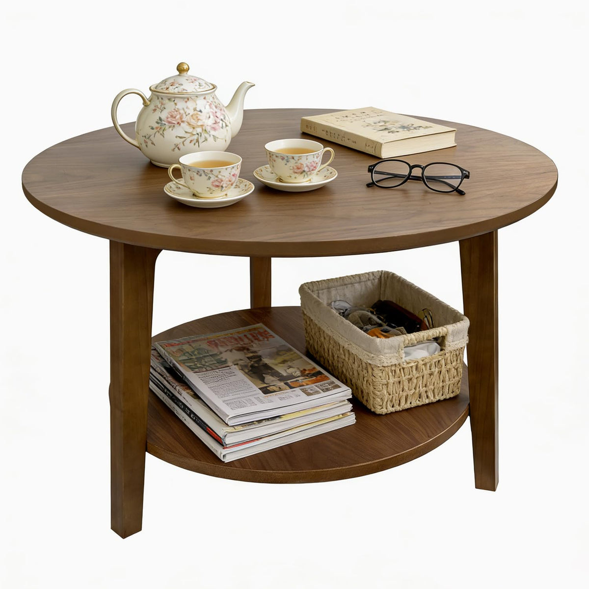 2-Tier Round Wood Coffee Table with Storage Shelf M3748