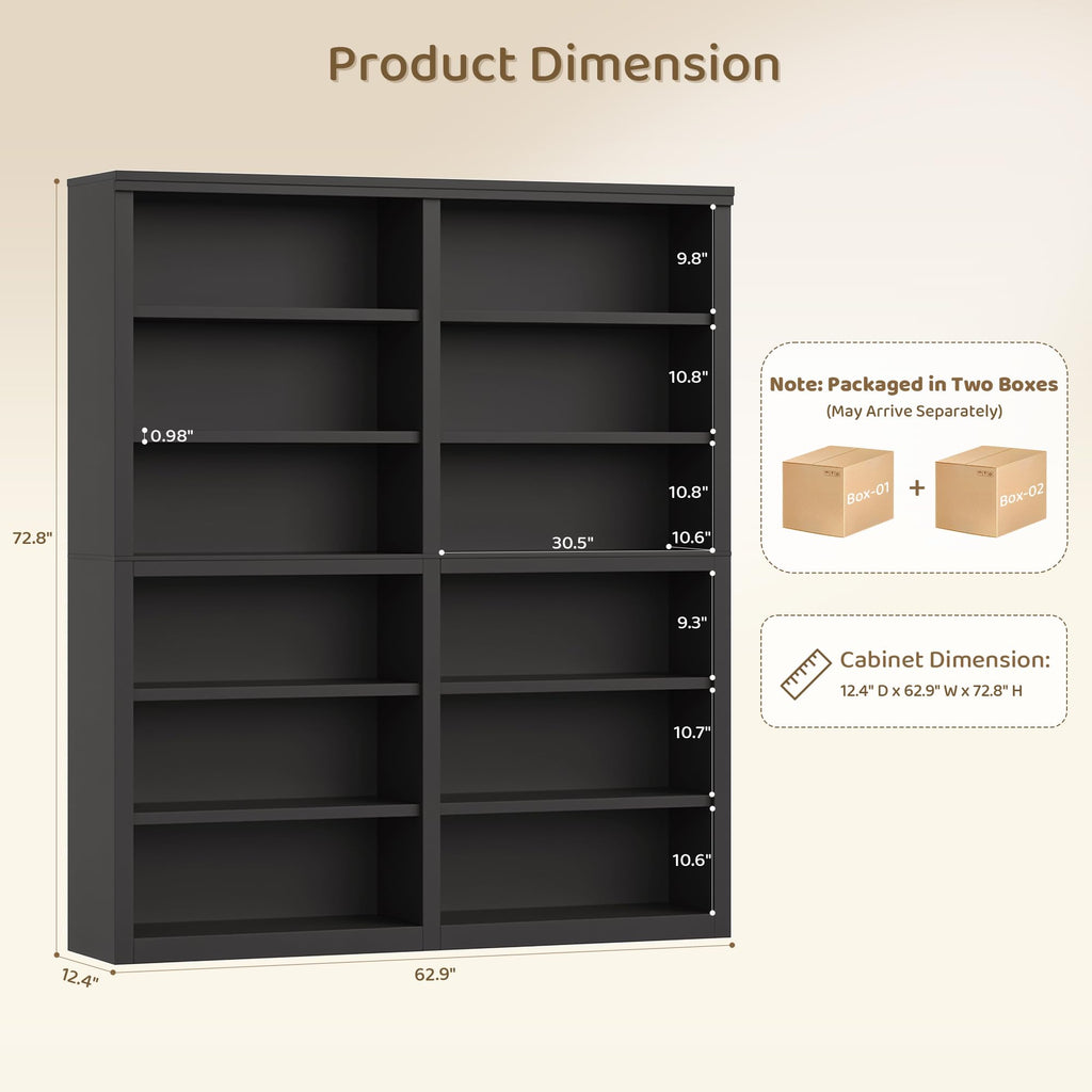 73" Tall Black 6-Tier Double Wide Bookshelf O204511