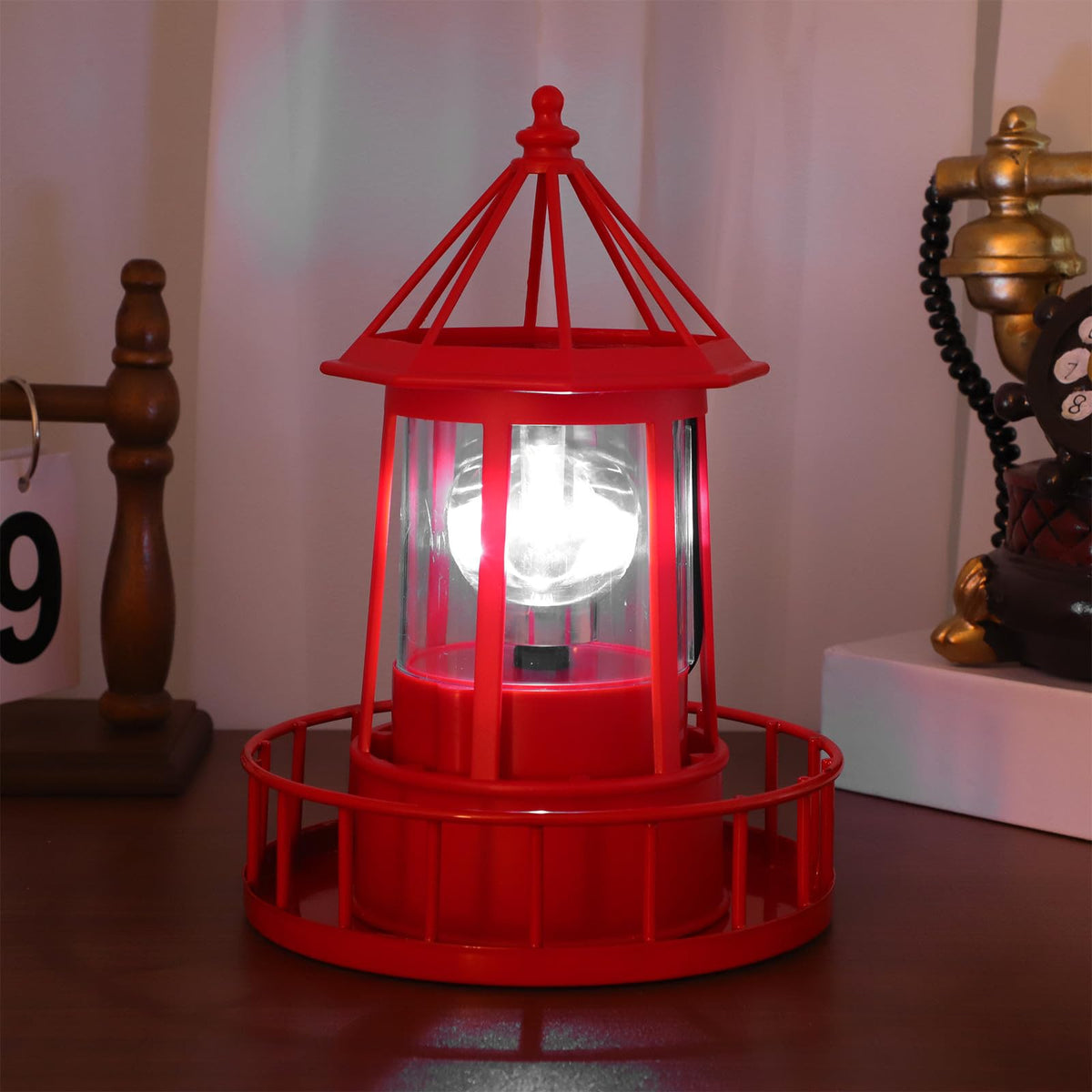 Solar Lighthouse Rotating Beacon Light Red Iron V12752