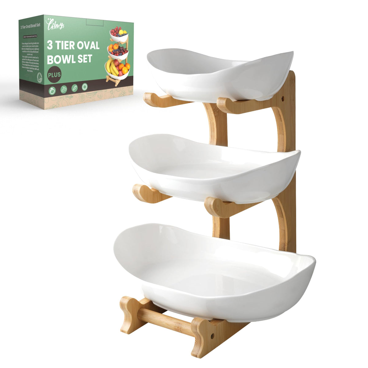 3 Tier Ceramic Fruit Bowl with Bamboo Stand N2394