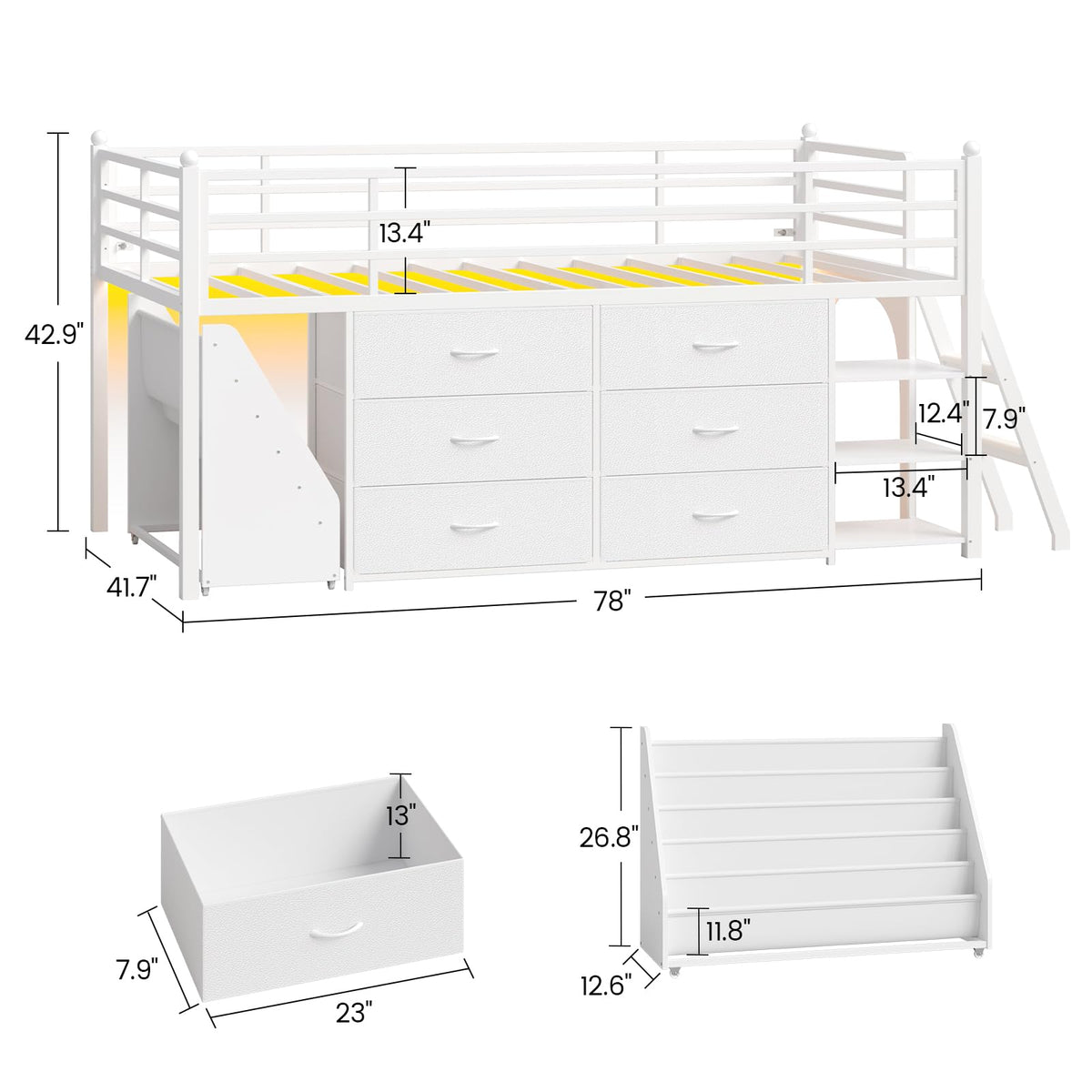 White Twin Loft Bed with Bookshelf, Display Shelf, Storage Drawers and Ladder E211