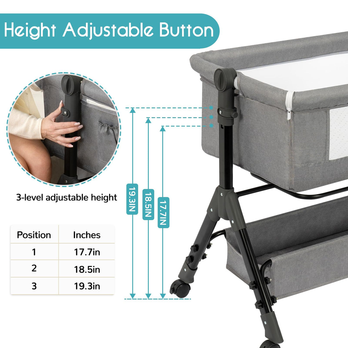 3 in 1 Adjustable Baby Bassinet with Wheels and Storage Basket Q314