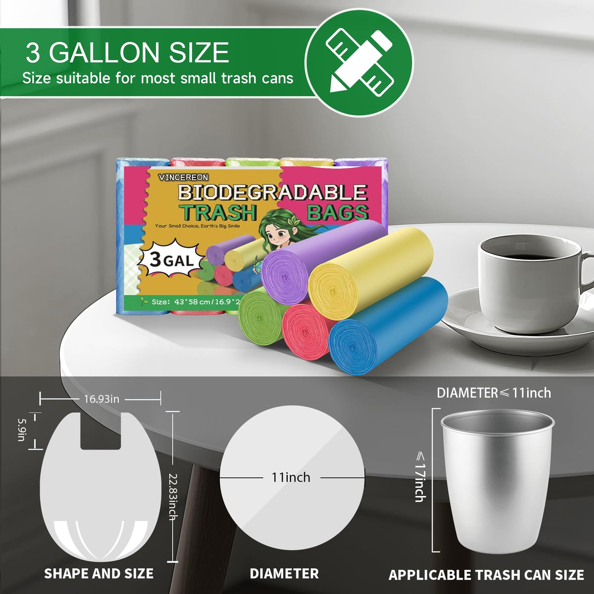 3 Gallon Biodegradable Unscented Trash Bags 100 Count Q8834