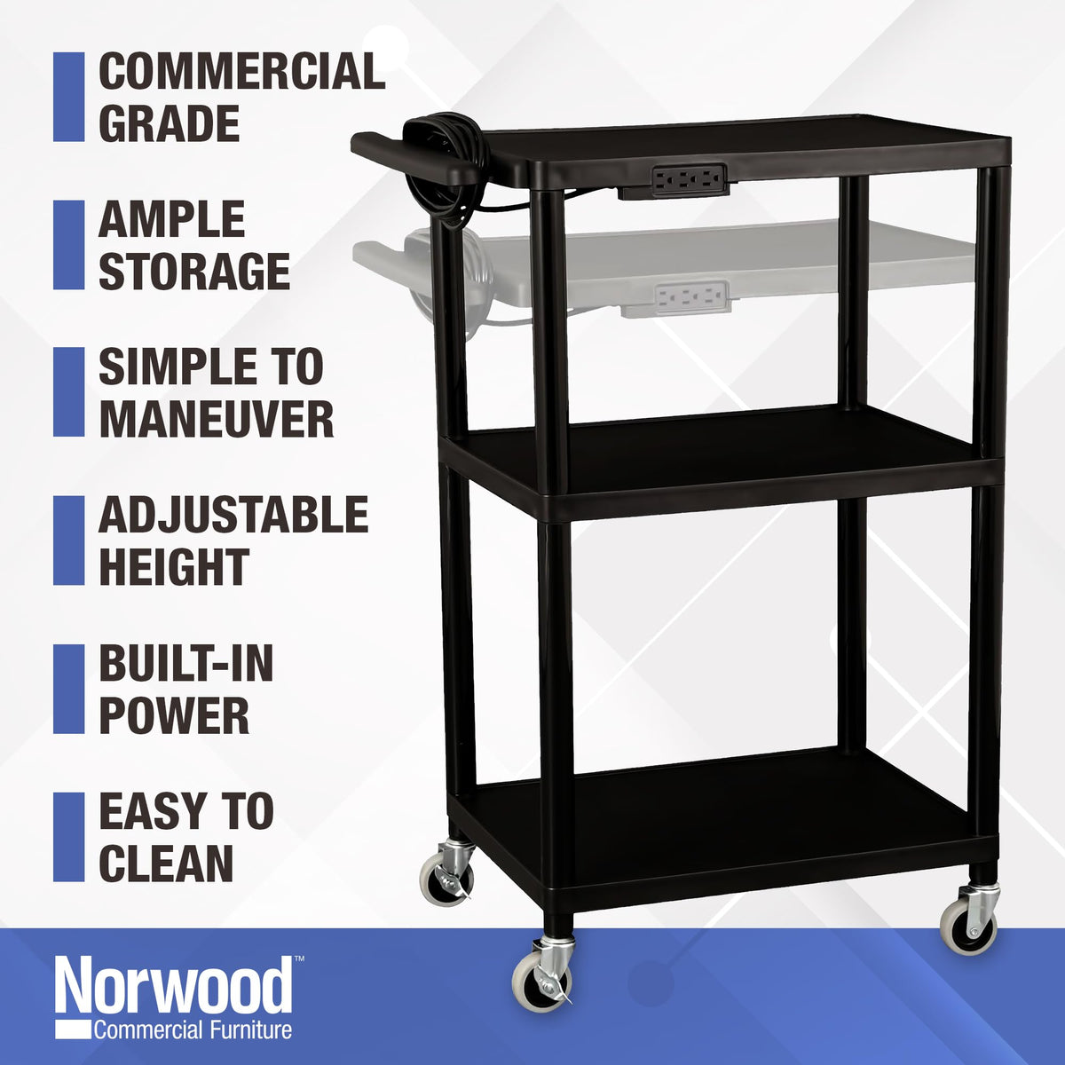 Mobile Utility AV Cart with Power Strip and Casters, Black V7537