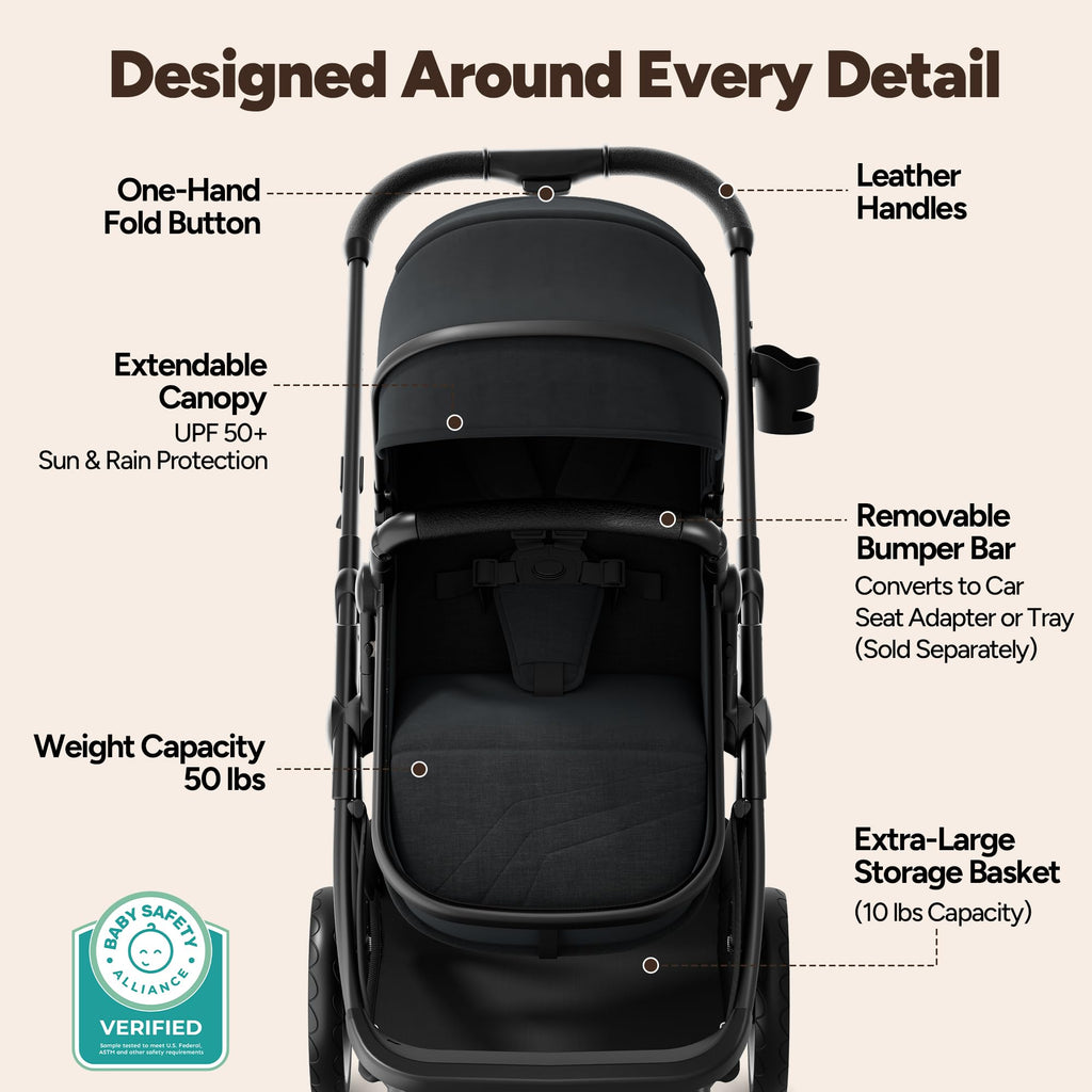 2-in-1 Bassinet Stroller Reversible Seat Black I245