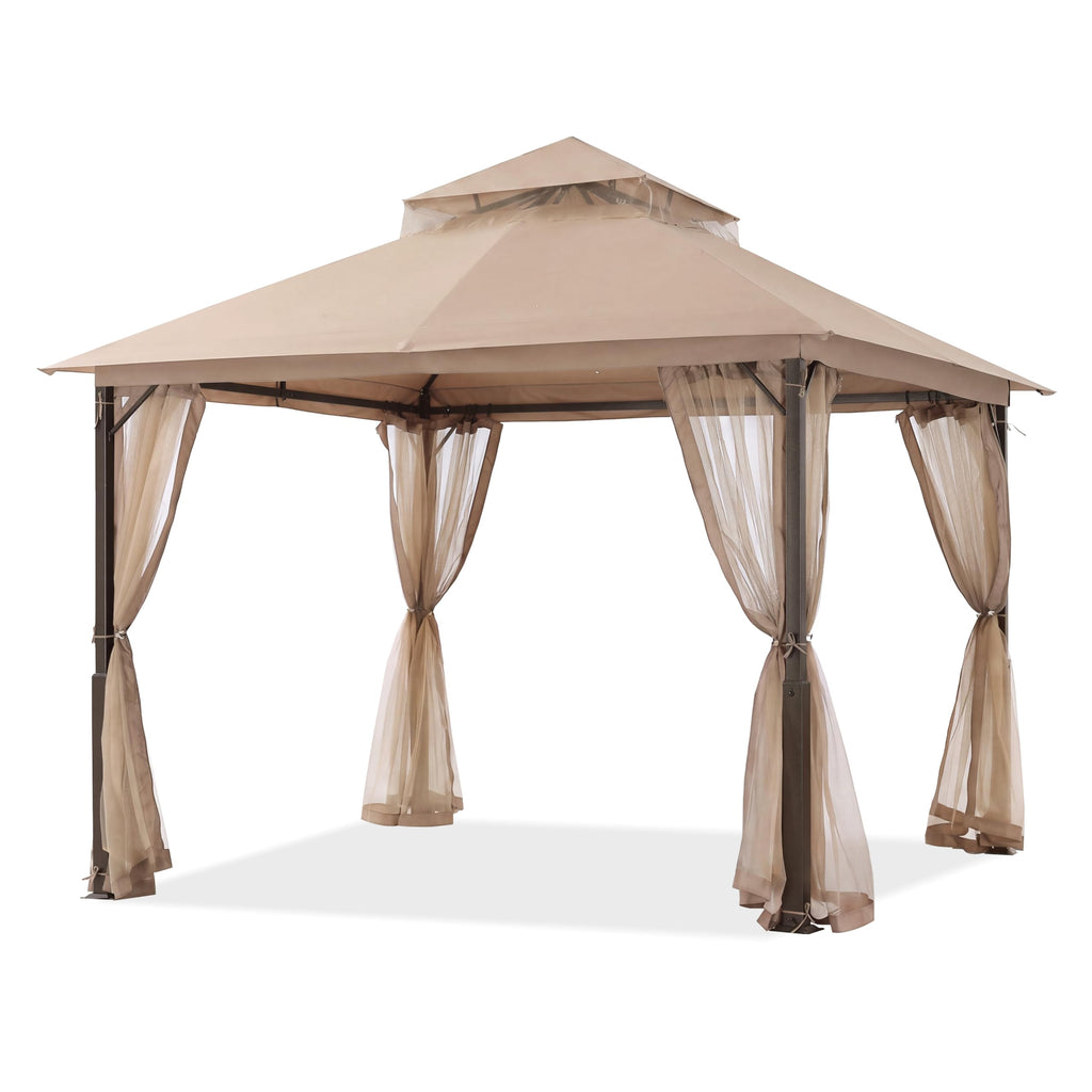 Khaki 9x9 Outdoor Patio Gazebo with Mosquito Netting V435417