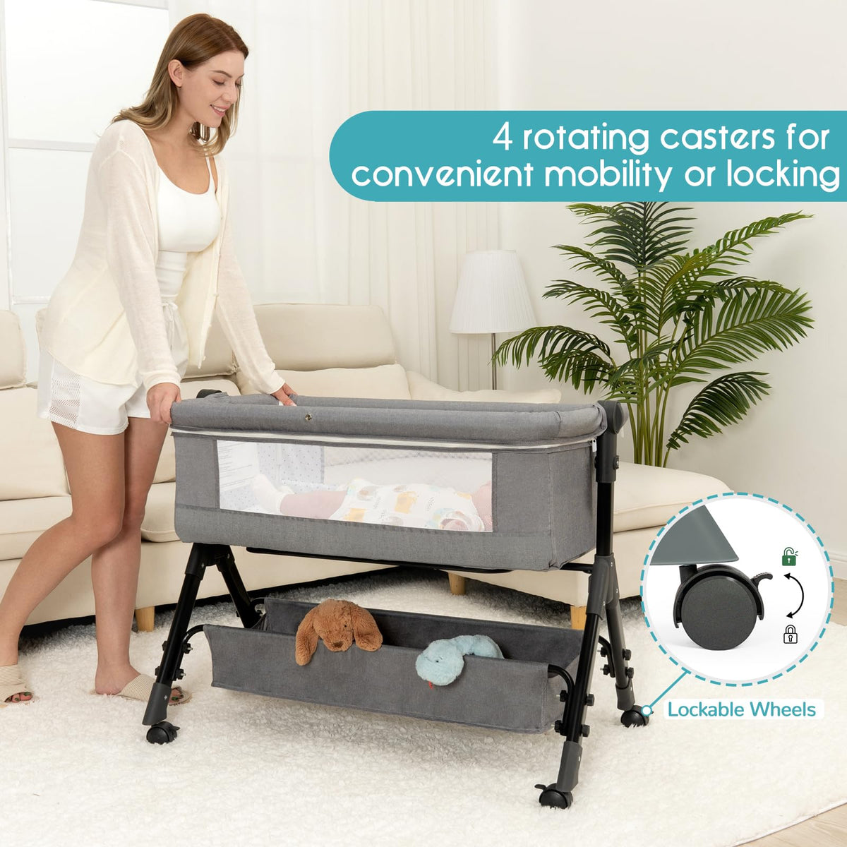 3 in 1 Adjustable Baby Bassinet with Wheels and Storage Basket Q314
