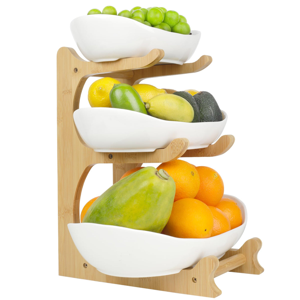 3 Tier Ceramic Fruit Bowl with Bamboo Stand N2394