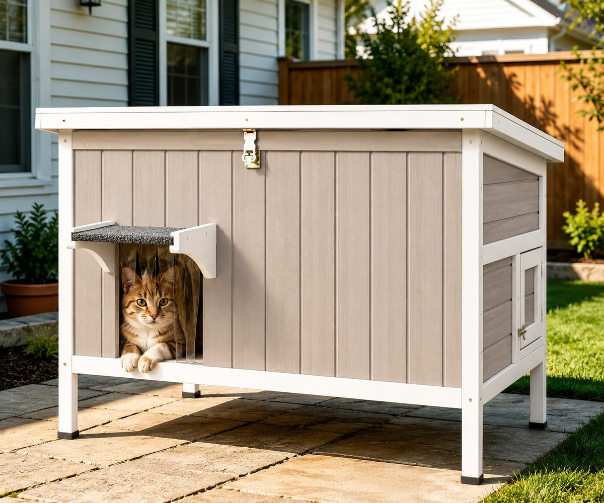 Weatherproof Wooden Outdoor Cat House with Escape Doors D9746