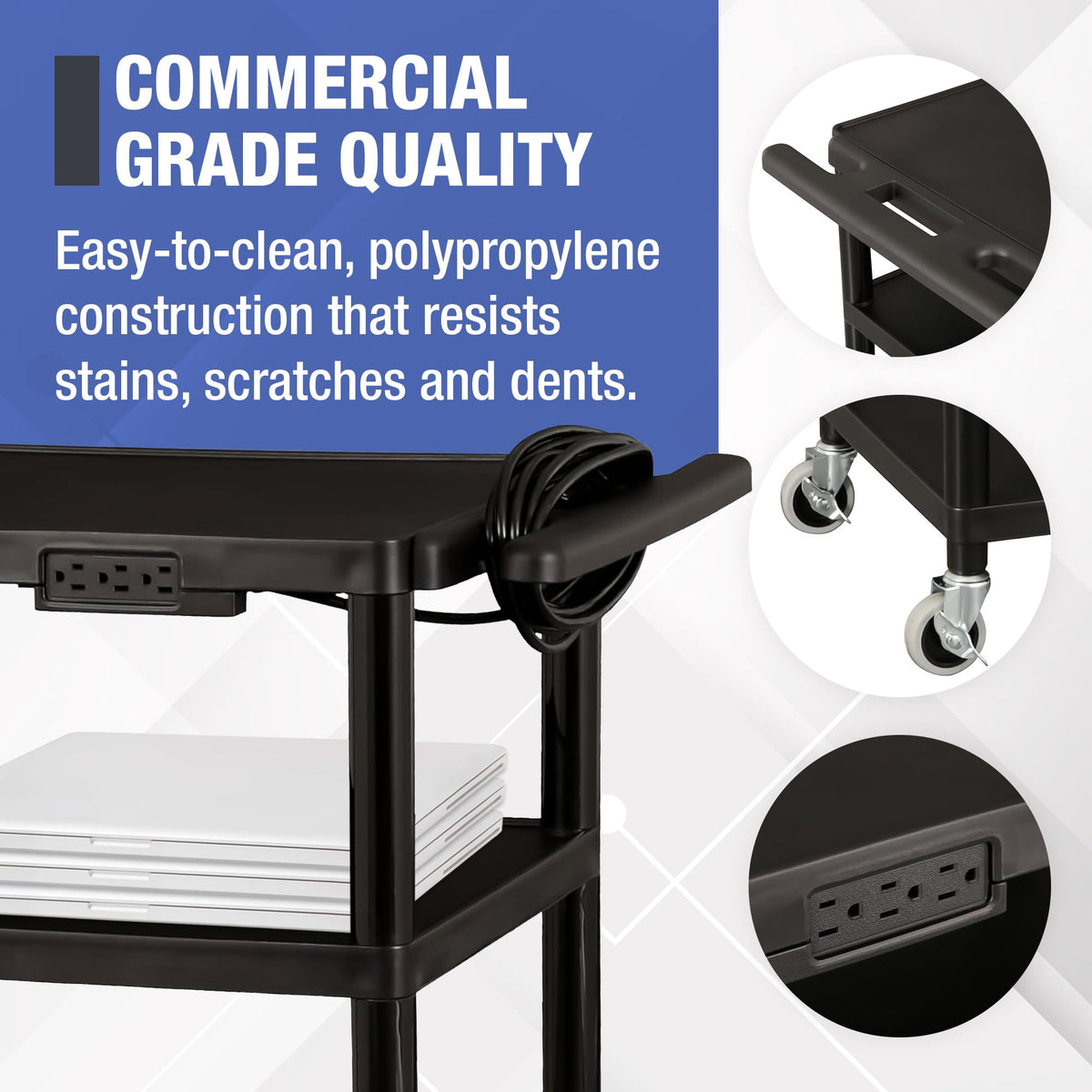 Mobile Utility AV Cart with Power Strip and Casters, Black V7537