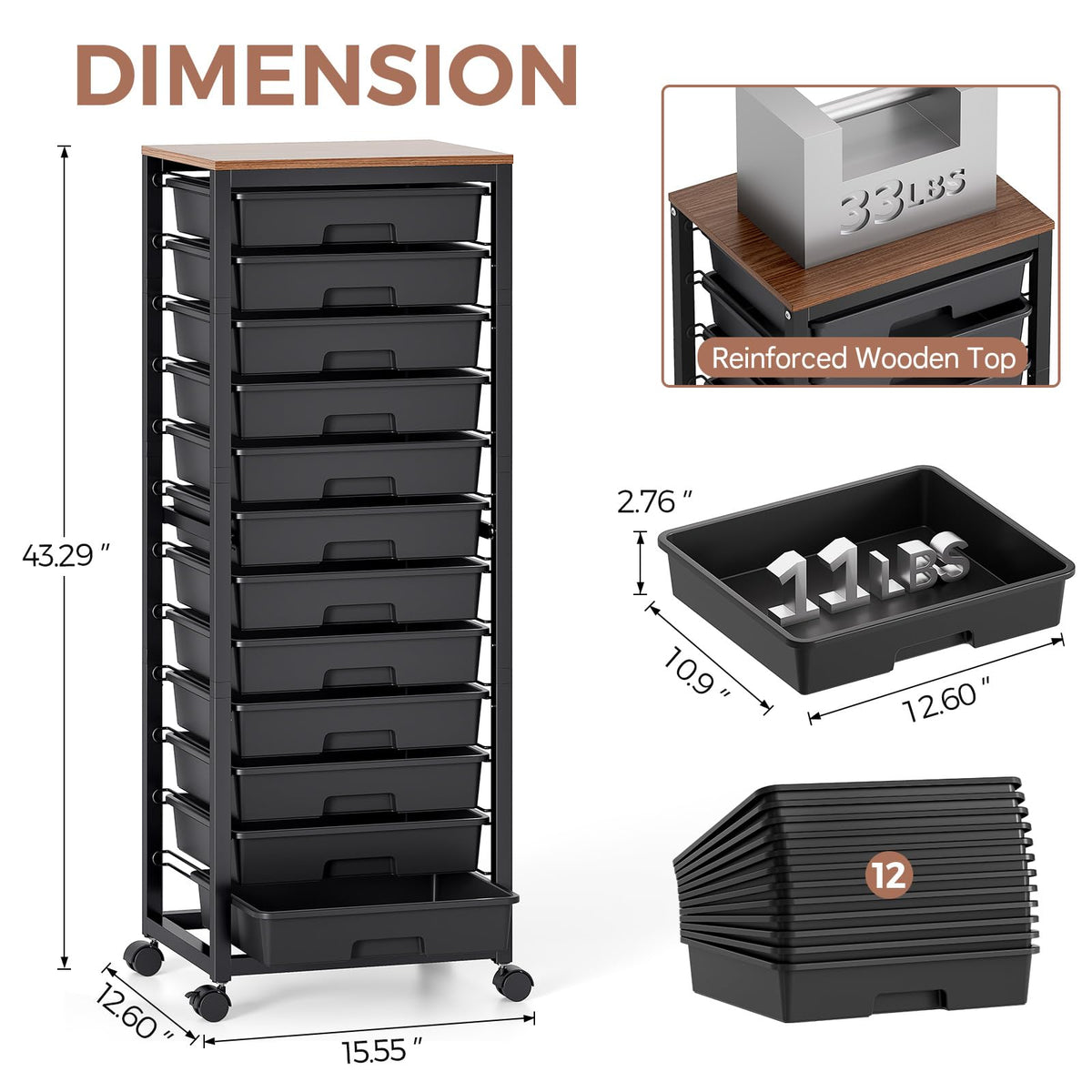 Rolling Cart with 12 Drawers V609