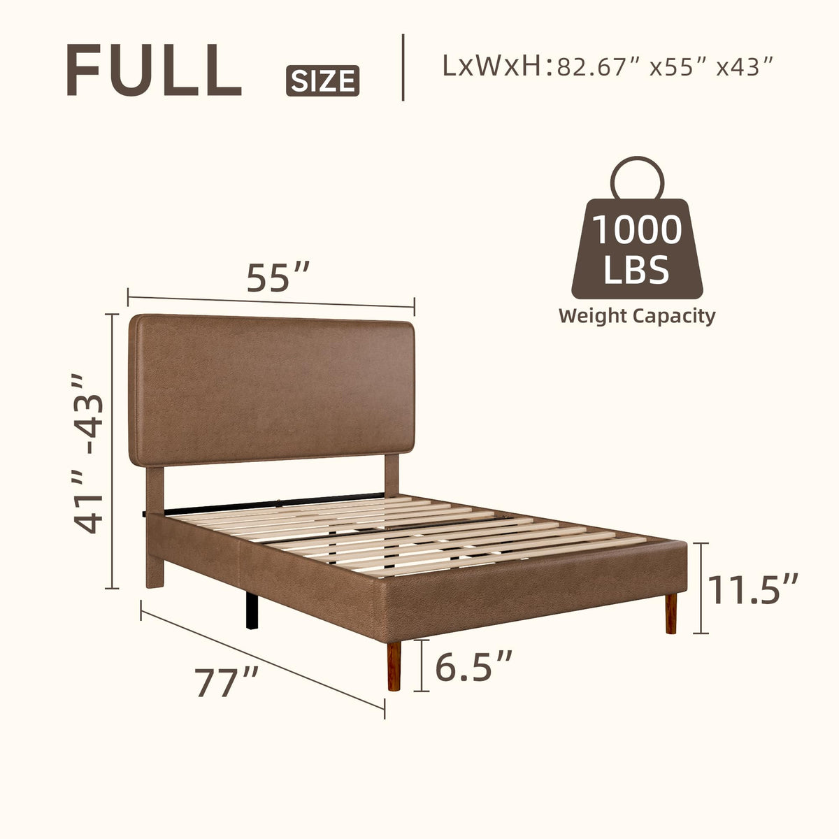 Brown Leather Full Size Platform Bed Frame A559