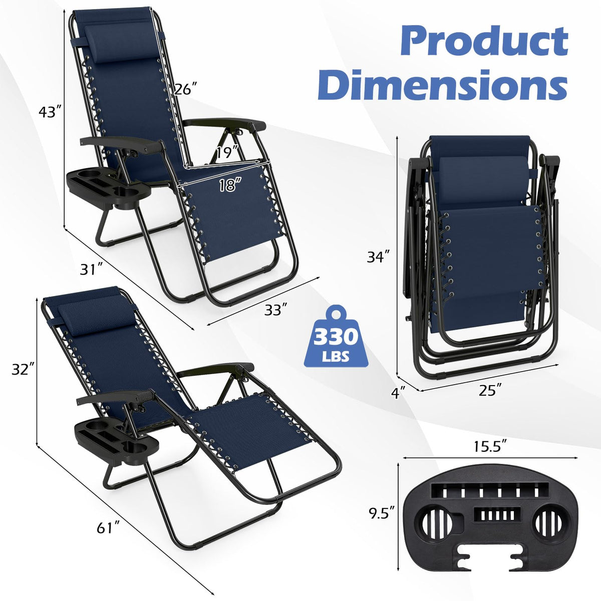 Zero Gravity Chairs Set of 2 Portable Folding Lounger with Pillow Cup Holder Q648