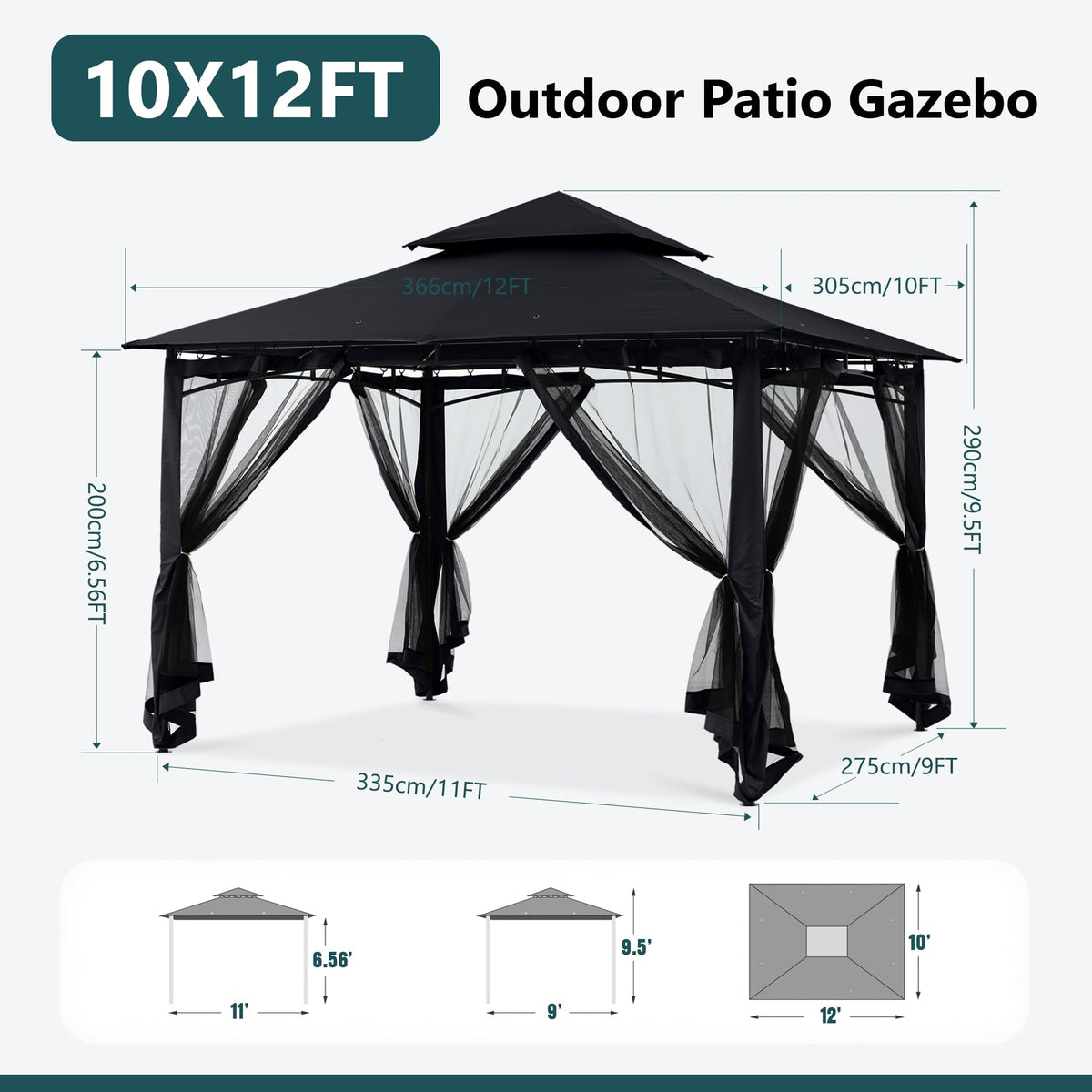 10x12 ft Heavy Duty Patio Gazebo with Netting Walls K69390