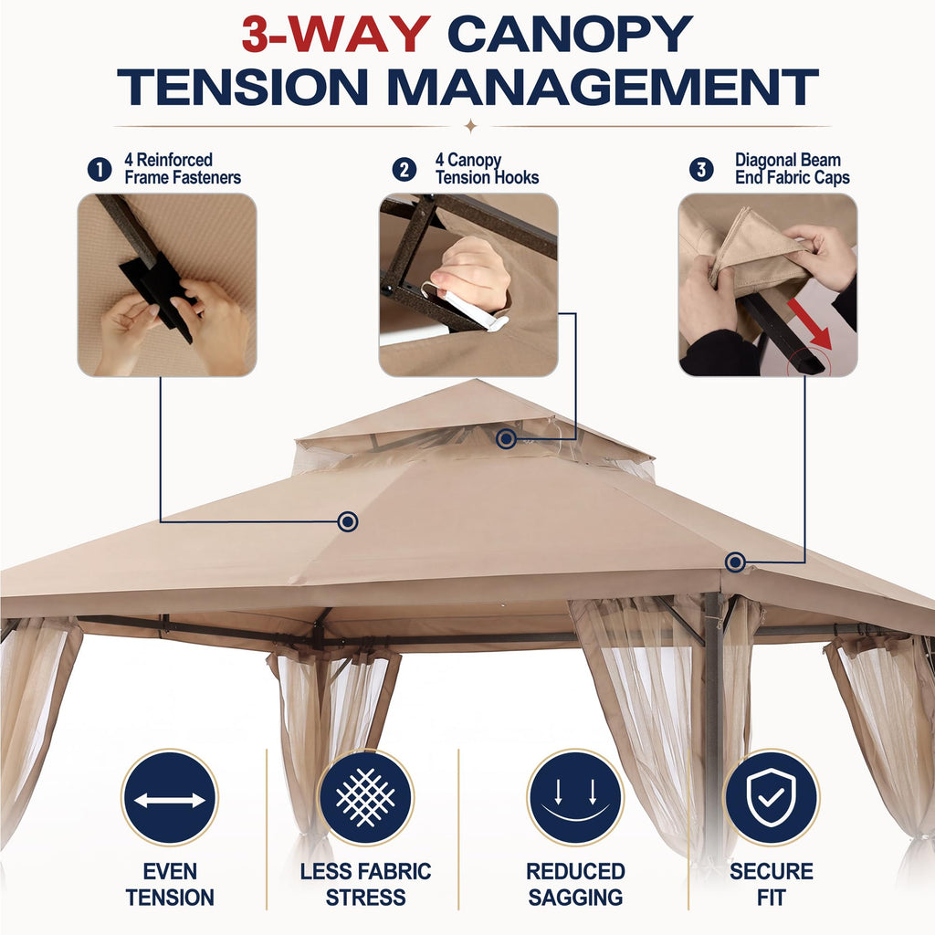 Khaki 9x9 Outdoor Patio Gazebo with Mosquito Netting V435417