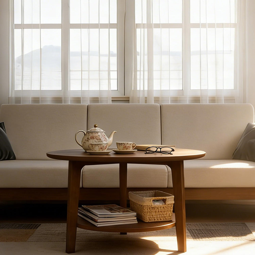 2-Tier Round Wood Coffee Table with Storage Shelf M3748