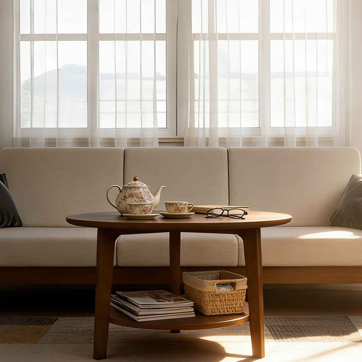 2-Tier Round Wood Coffee Table with Storage Shelf M3748
