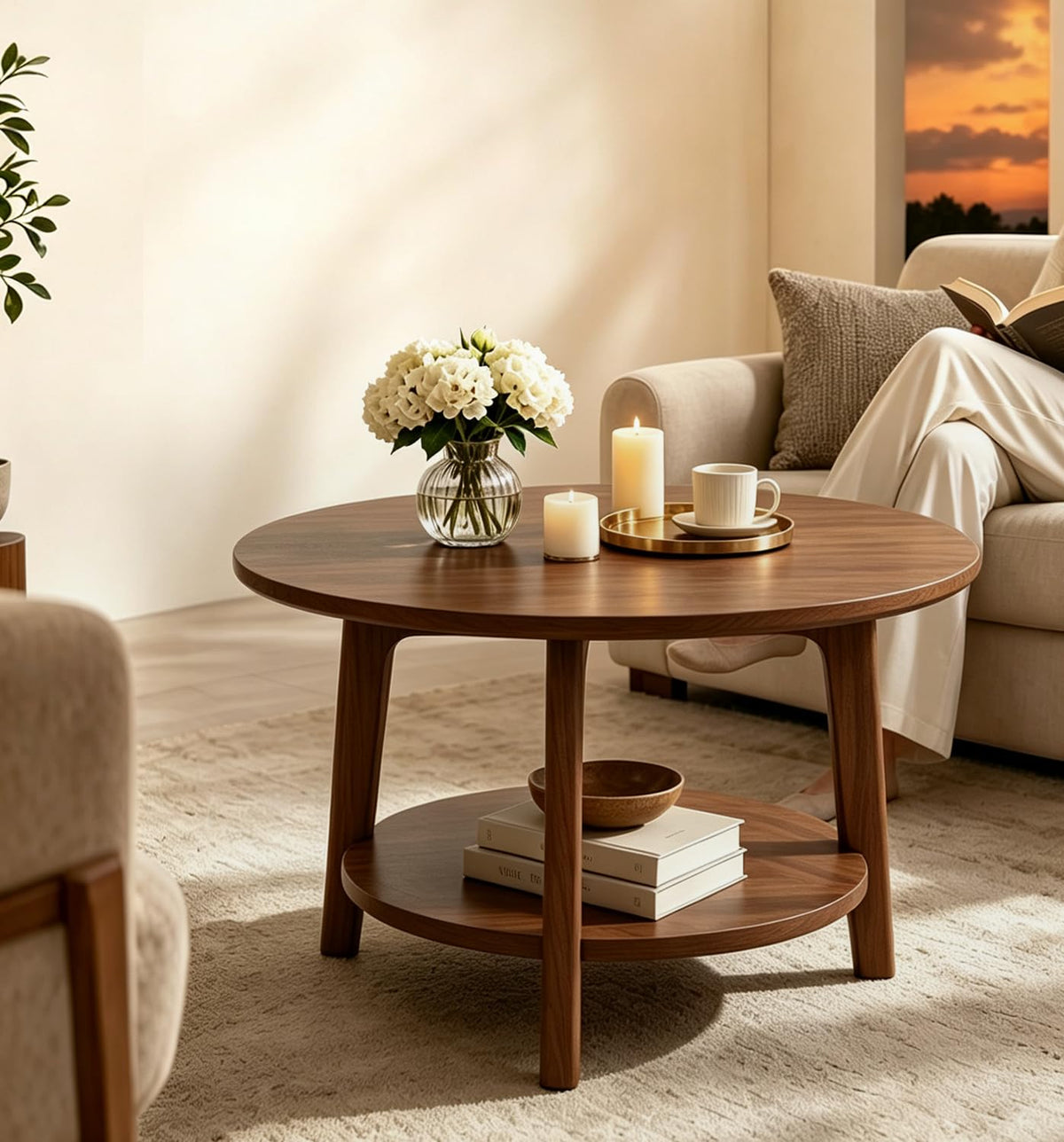 2-Tier Round Wood Coffee Table with Storage Shelf M3748