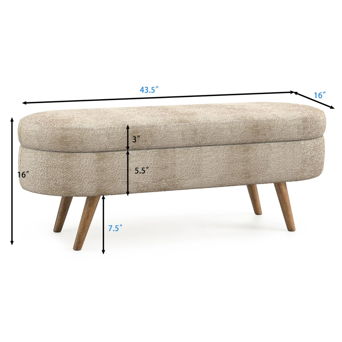 43.5" Oval Upholstered Storage Bench with Rubber Wood Legs N3004