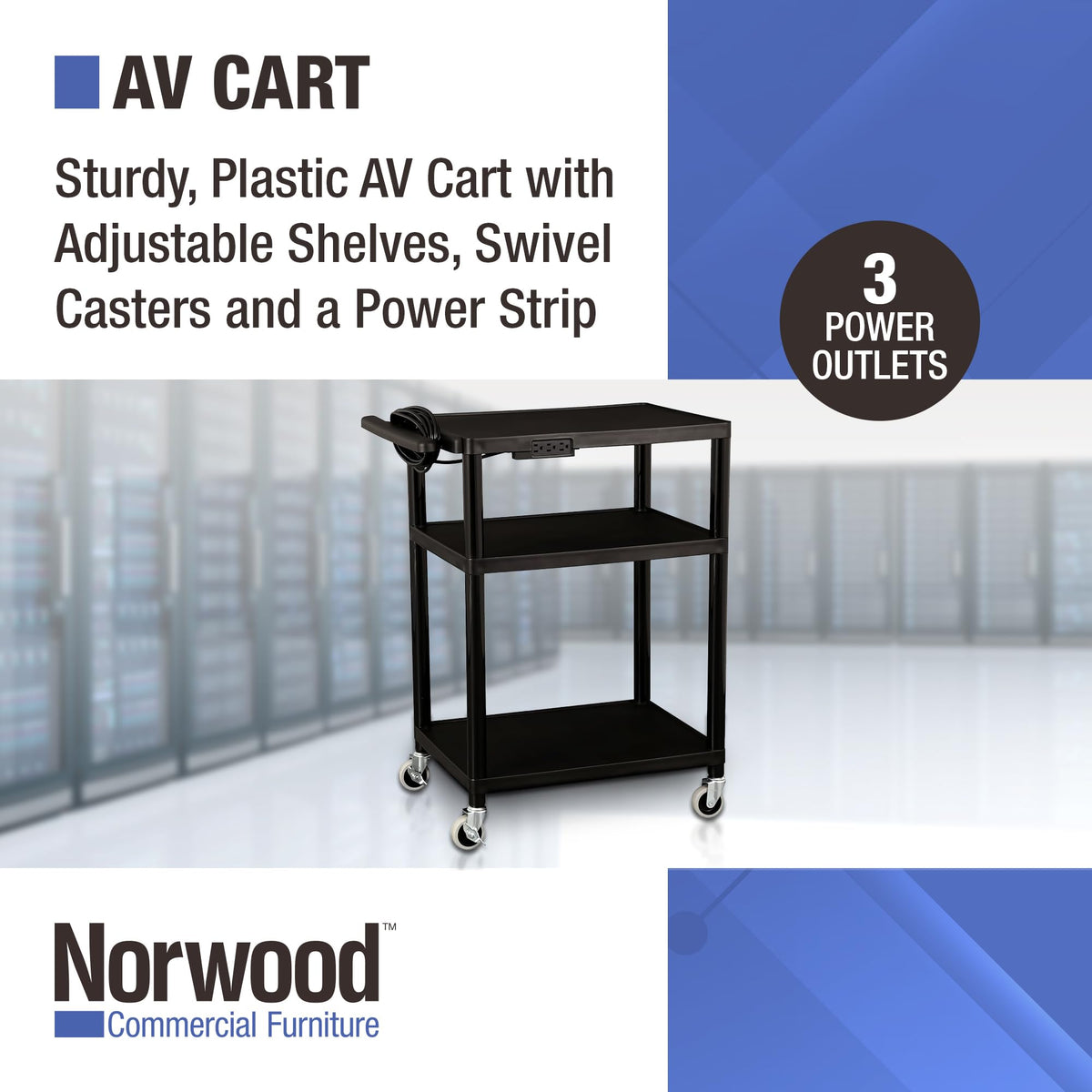 Mobile Utility AV Cart with Power Strip and Casters, Black V7537