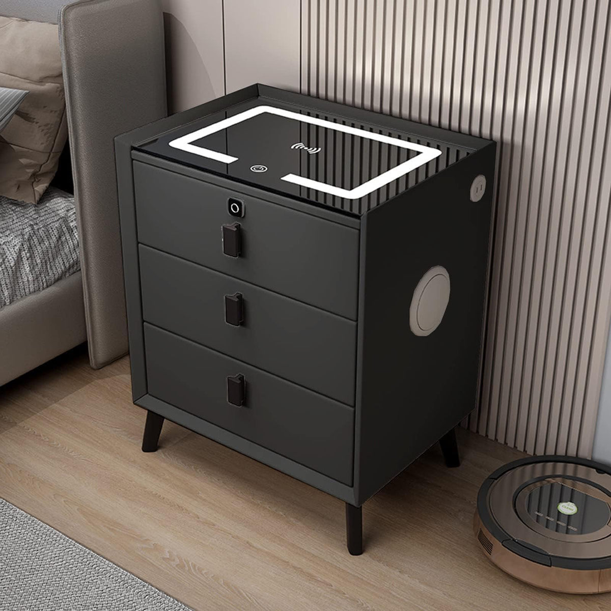 Black 3 Drawer Smart Bedside Table with LED Light and Wireless Charging V747