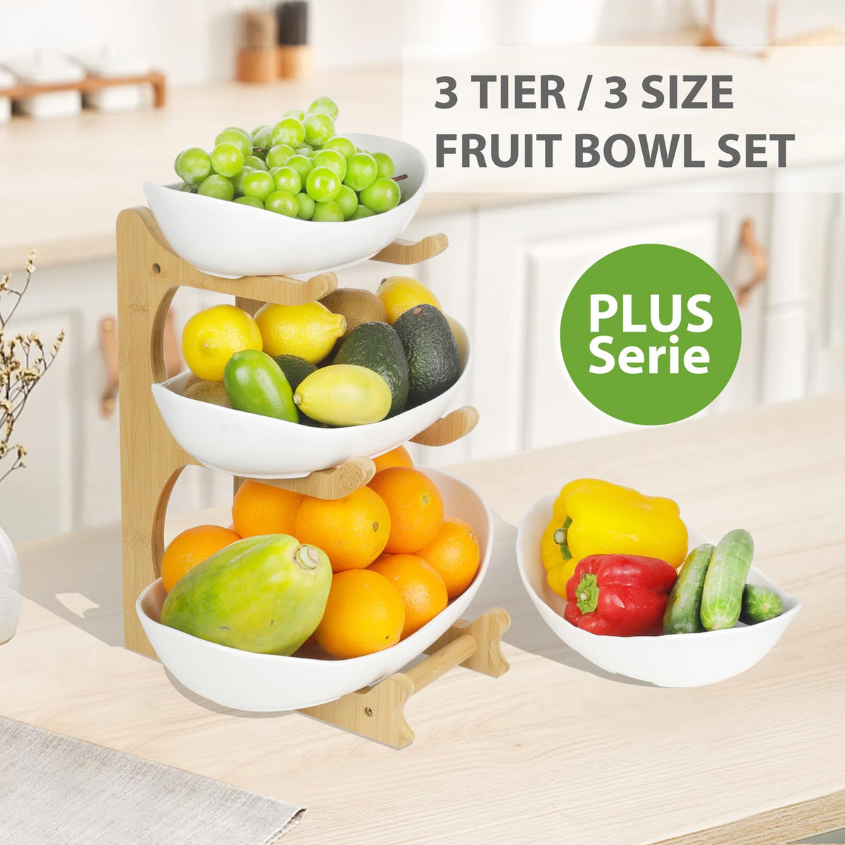 3 Tier Ceramic Fruit Bowl with Bamboo Stand N2394