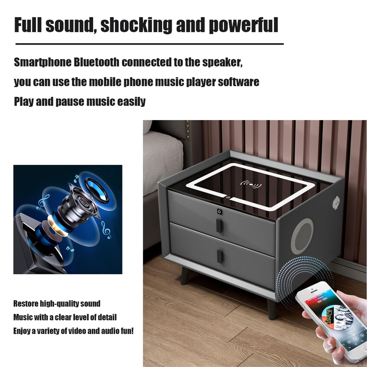 Black 3 Drawer Smart Bedside Table with LED Light and Wireless Charging V747