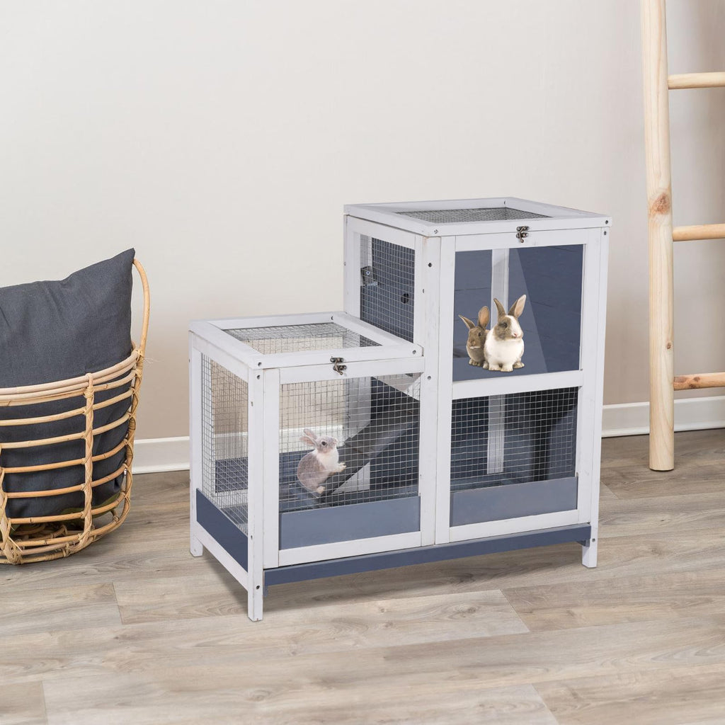 2-Story Wooden Small Animal Cage with Removable Tray and Ramp B7372