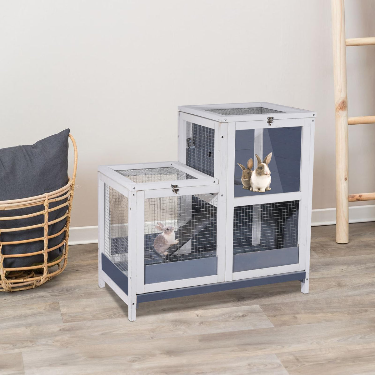 2-Story Wooden Small Animal Cage with Removable Tray and Ramp B7372