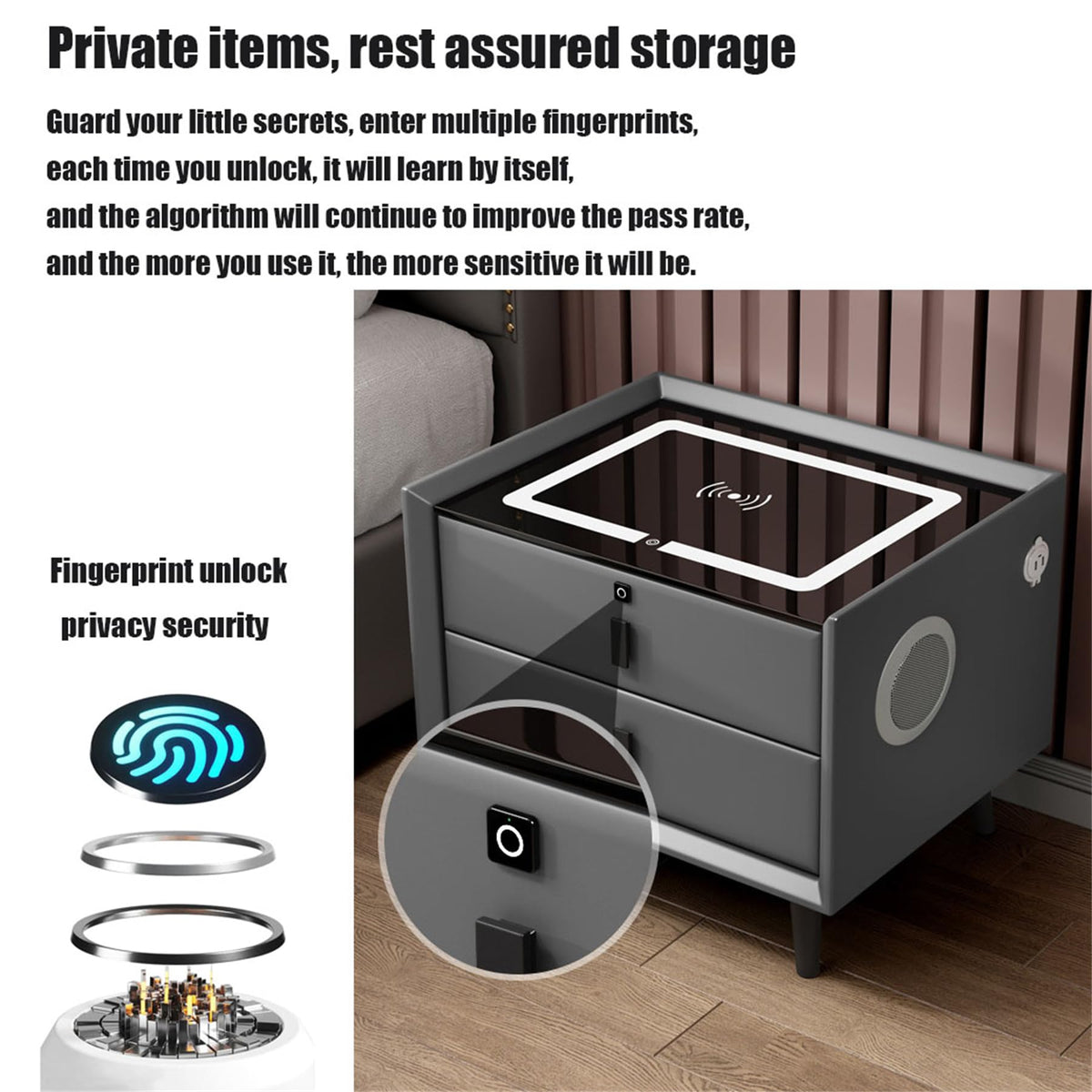 Black 3 Drawer Smart Bedside Table with LED Light and Wireless Charging V747