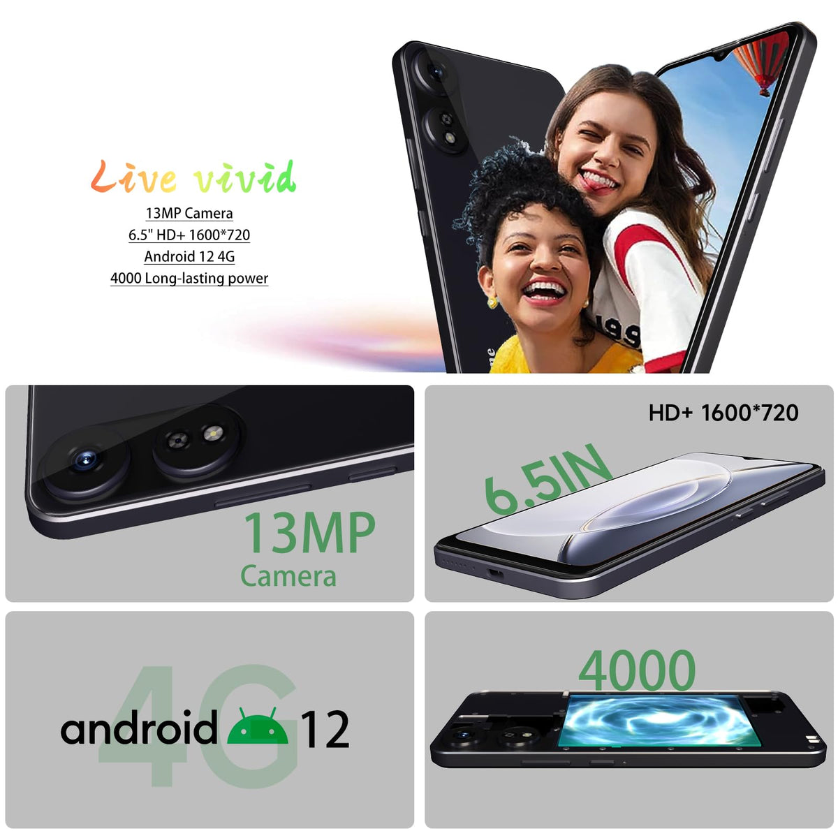 4G LTE Unlocked Cell Phone 6.5” HD+ Screen 3GB RAM Android 12 13MP Dual SIM Black F8565