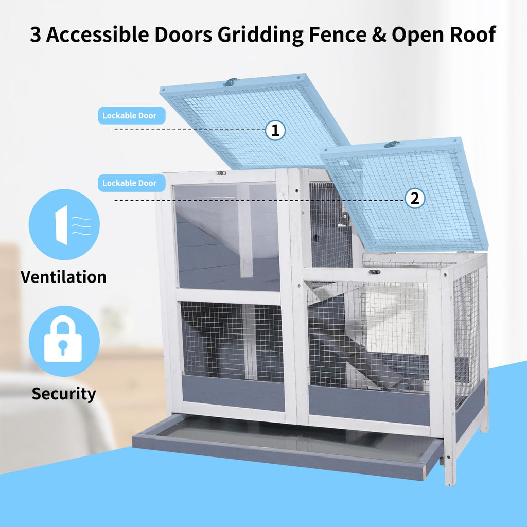 2-Story Wooden Small Animal Cage with Removable Tray and Ramp B7372
