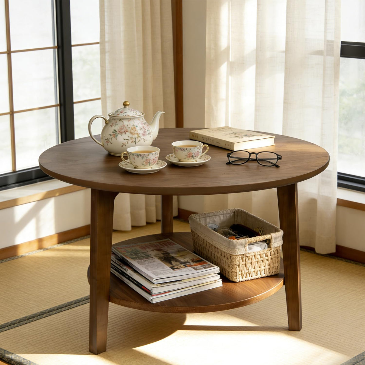 2-Tier Round Wood Coffee Table with Storage Shelf M3748