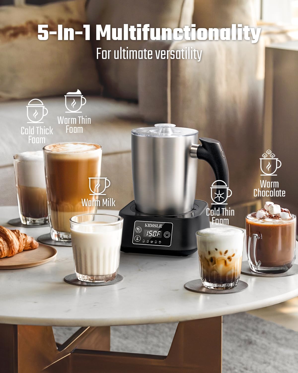 5-in-1 Milk Frother and Steamer 17oz Stainless Steel B226216