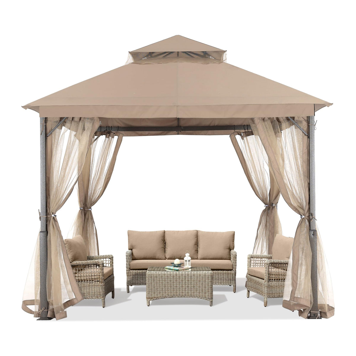 Khaki 9x9 Outdoor Patio Gazebo with Mosquito Netting V435417