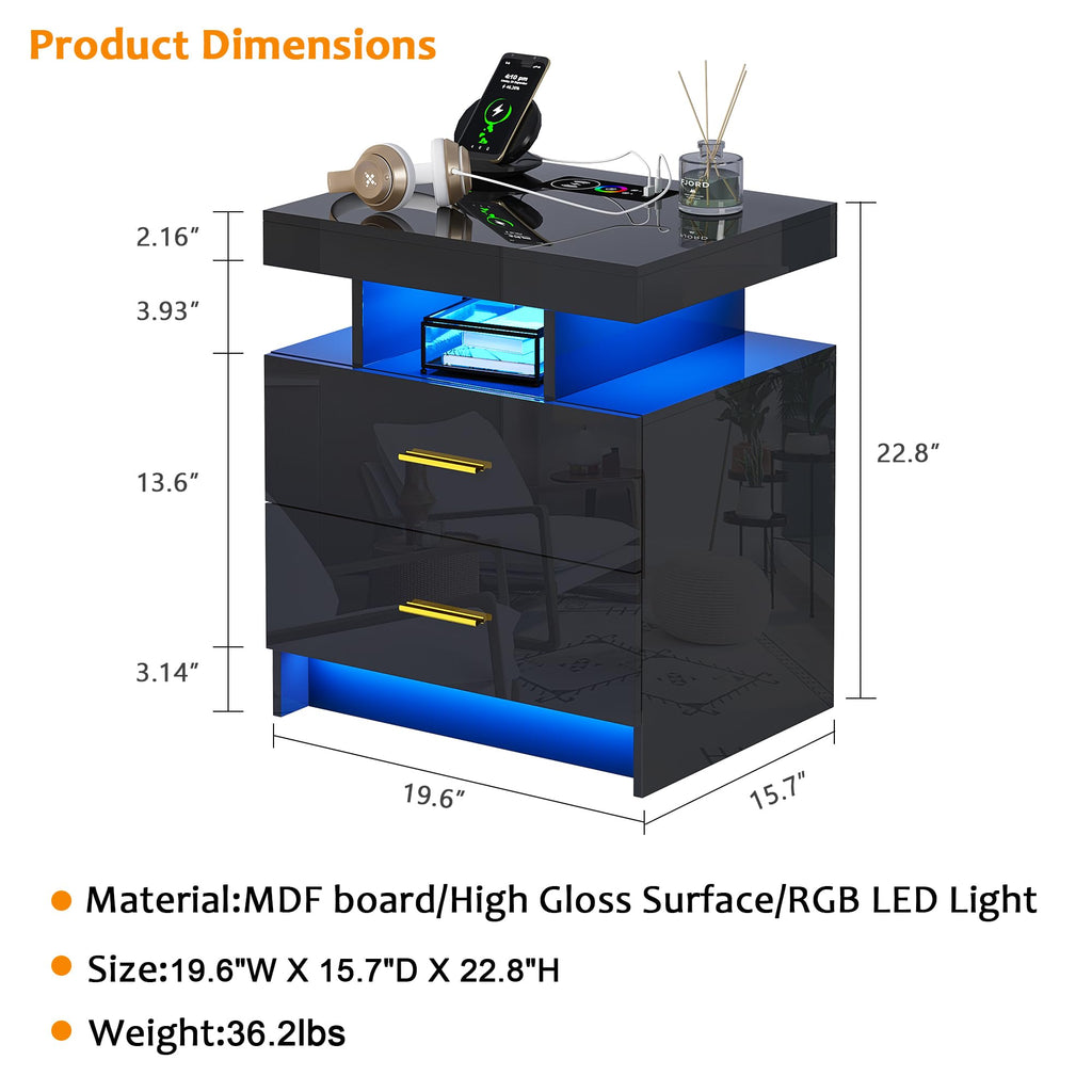 Black LED Nightstand with USB Type-C Charging R733