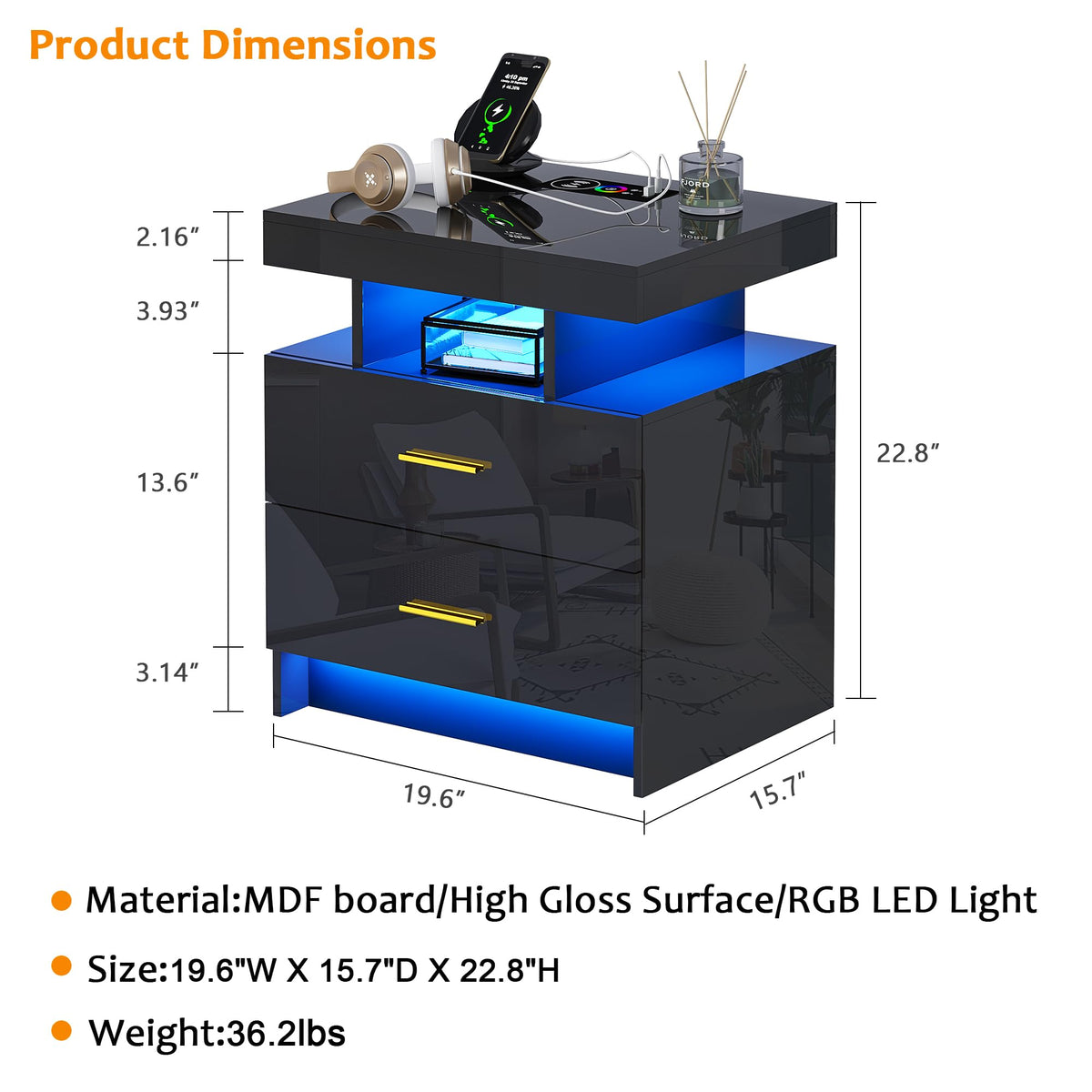 Black LED Nightstand with USB Type-C Charging R733