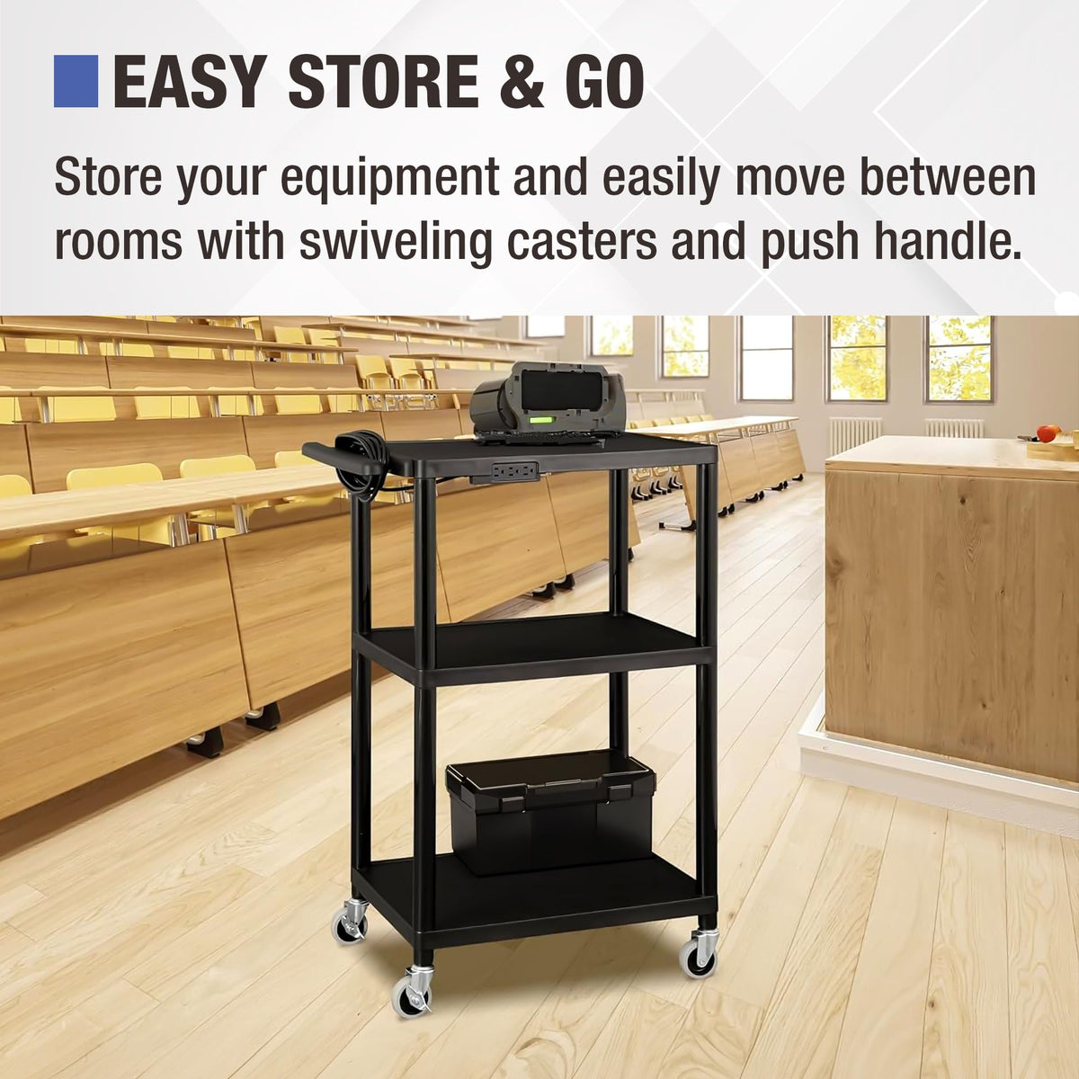 Mobile Utility AV Cart with Power Strip and Casters, Black V7537