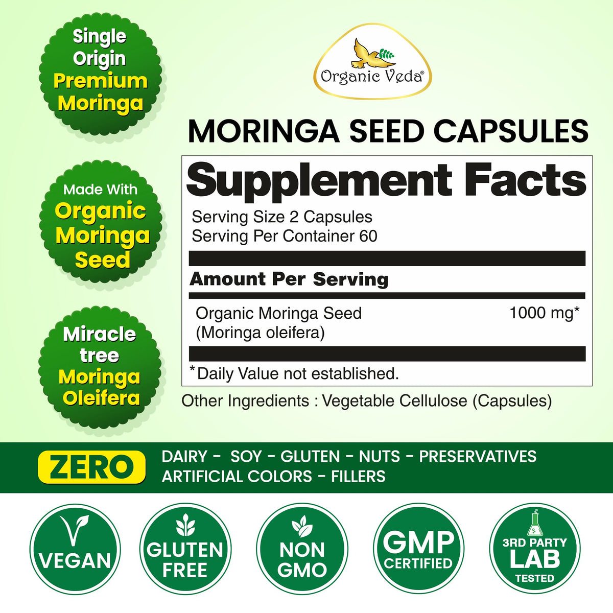 Organic Moringa Seeds Capsules 120 Vegan Capsules Z333060