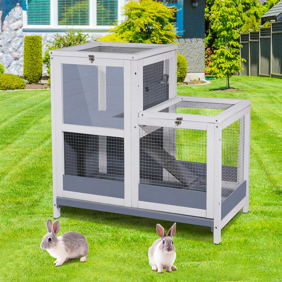 2-Story Wooden Small Animal Cage with Removable Tray and Ramp B7372