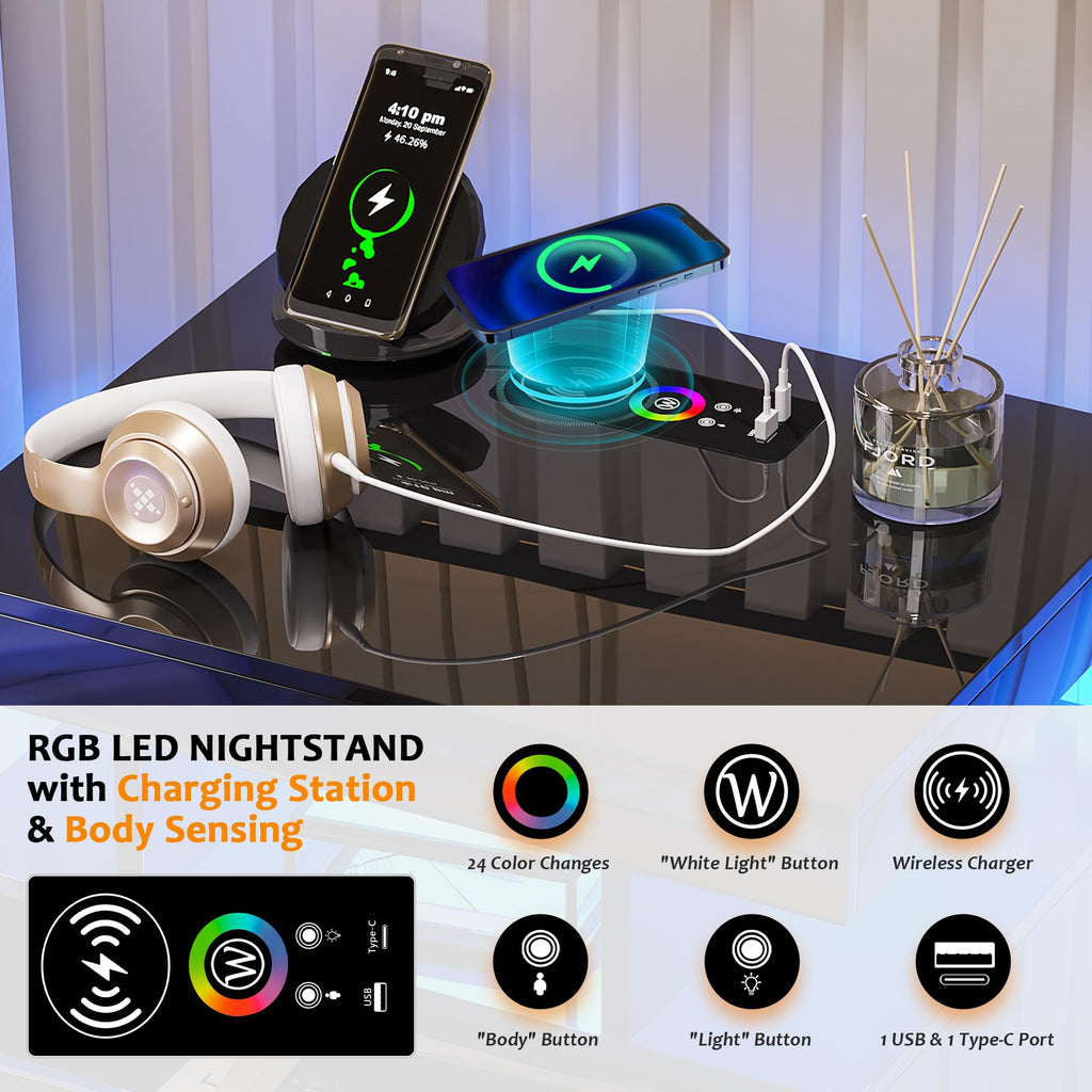 Black LED Nightstand with USB Type-C Charging R733