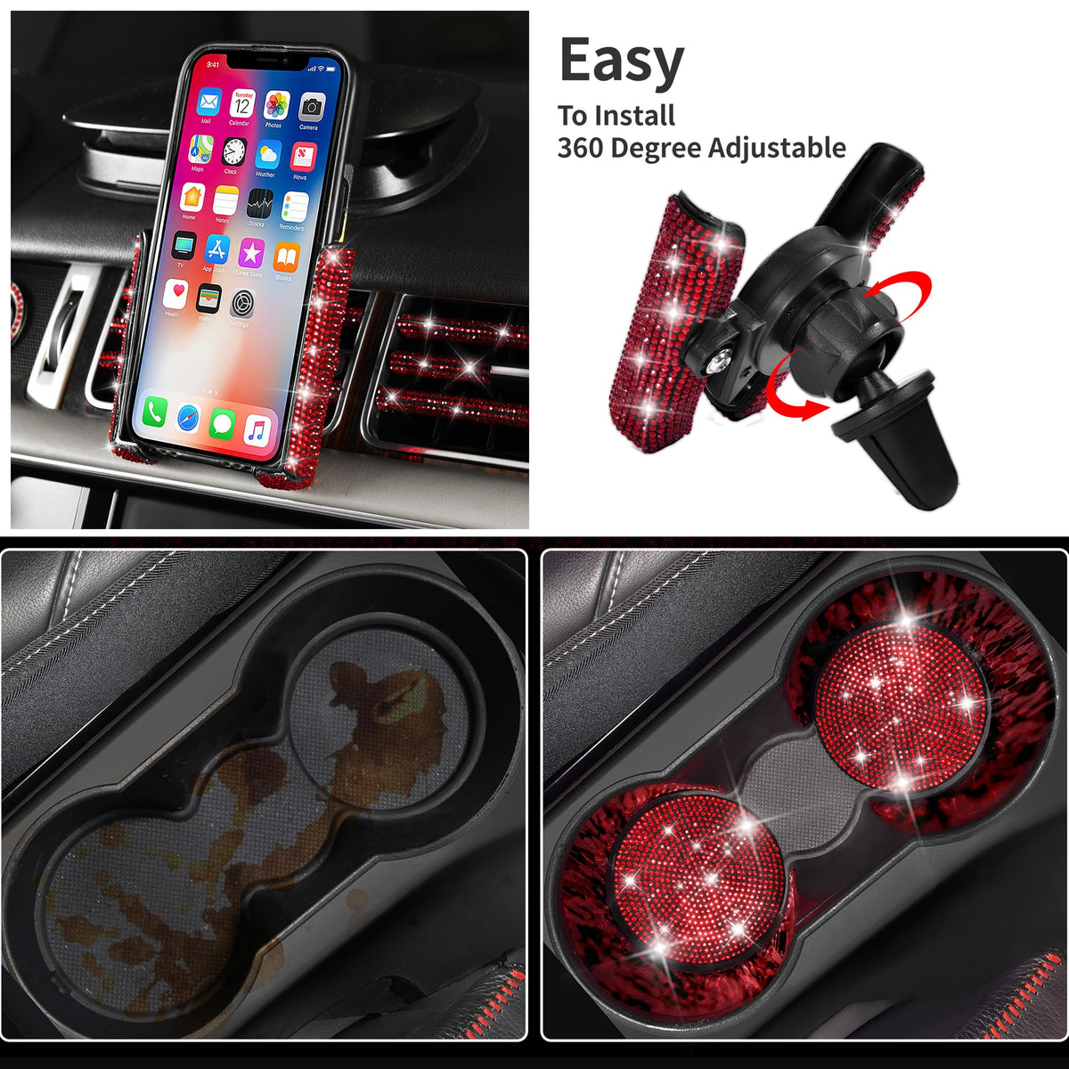 23 Pcs Bling Diamond Car Accessories Set Red P487555