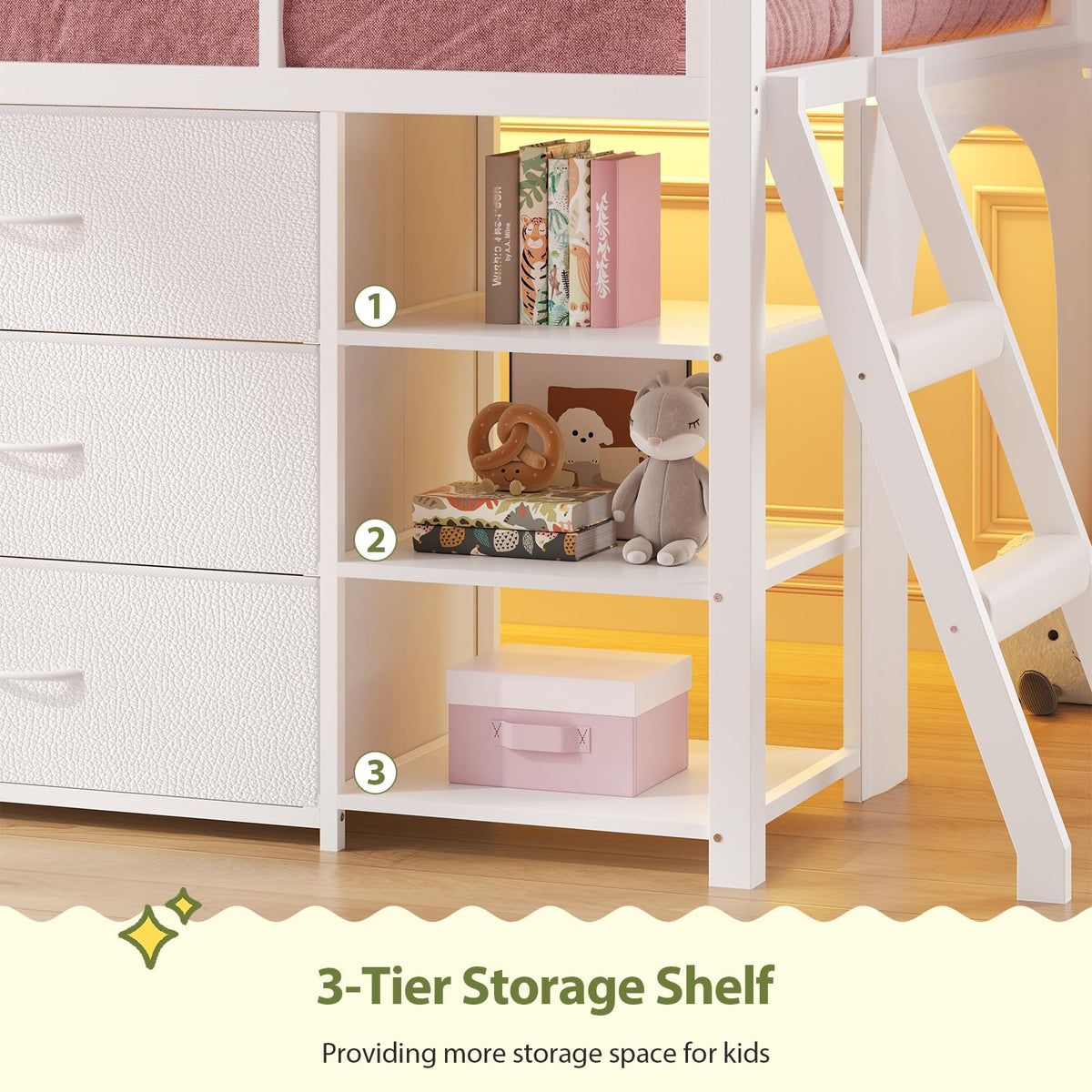 White Twin Loft Bed with Bookshelf, Display Shelf, Storage Drawers and Ladder E211