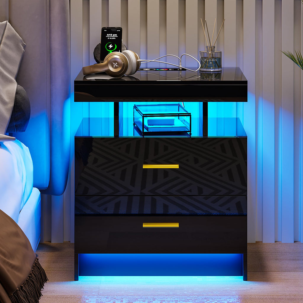Black LED Nightstand with USB Type-C Charging R733