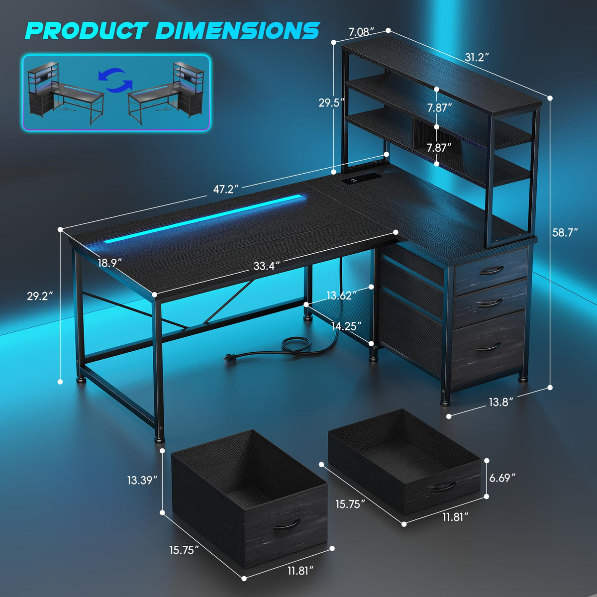 55" L Shaped Gaming Desk with 3 Fabric Drawers & Shelves V59399