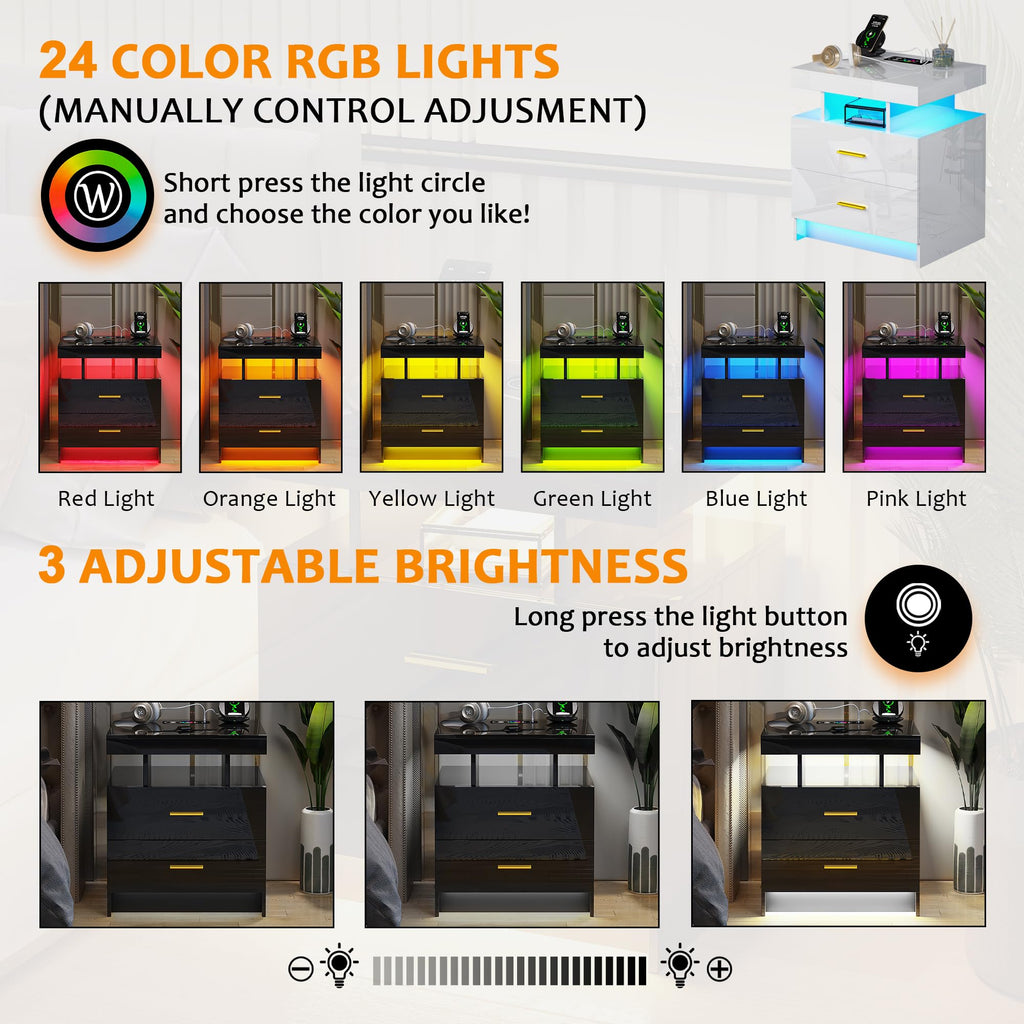 Black LED Nightstand with USB Type-C Charging R733