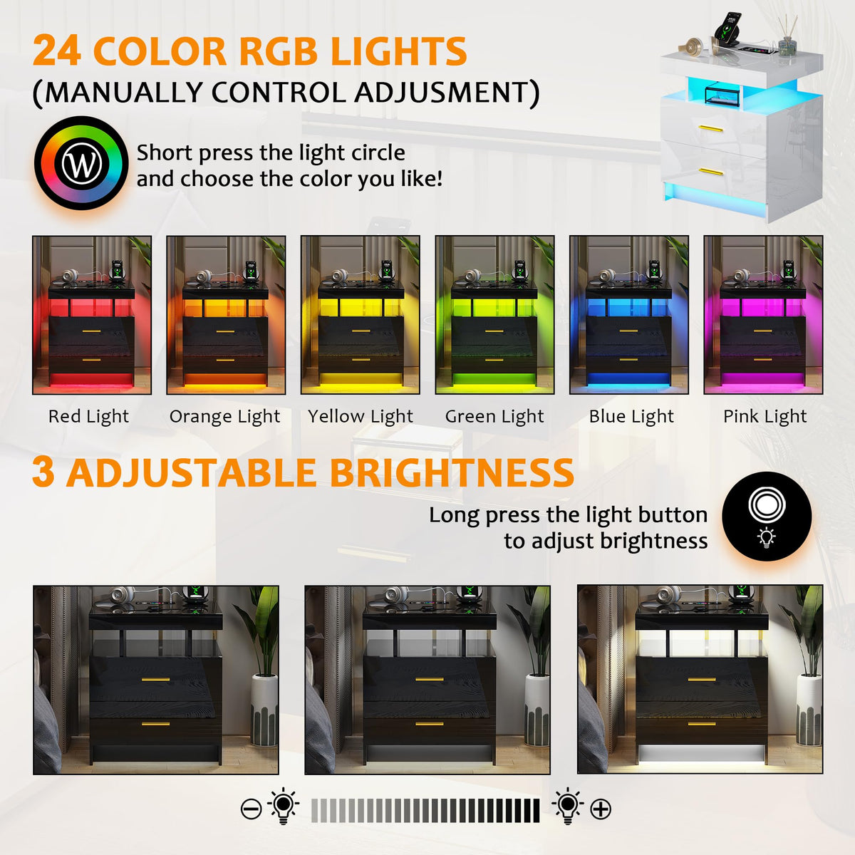 Black LED Nightstand with USB Type-C Charging R733